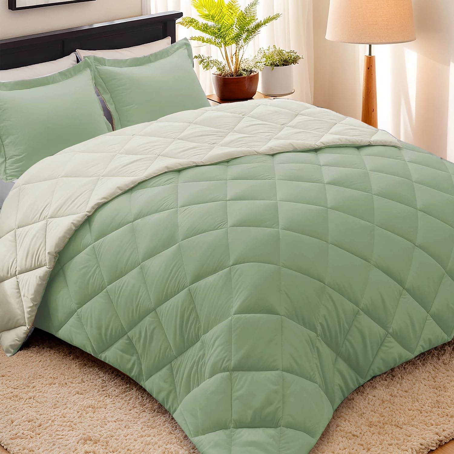 Hig 3Pc Sage Green Queen Size Comforter Set-All Season Reversible Down Alternative Comforter With Two Shams -Quilted Duvet Inser