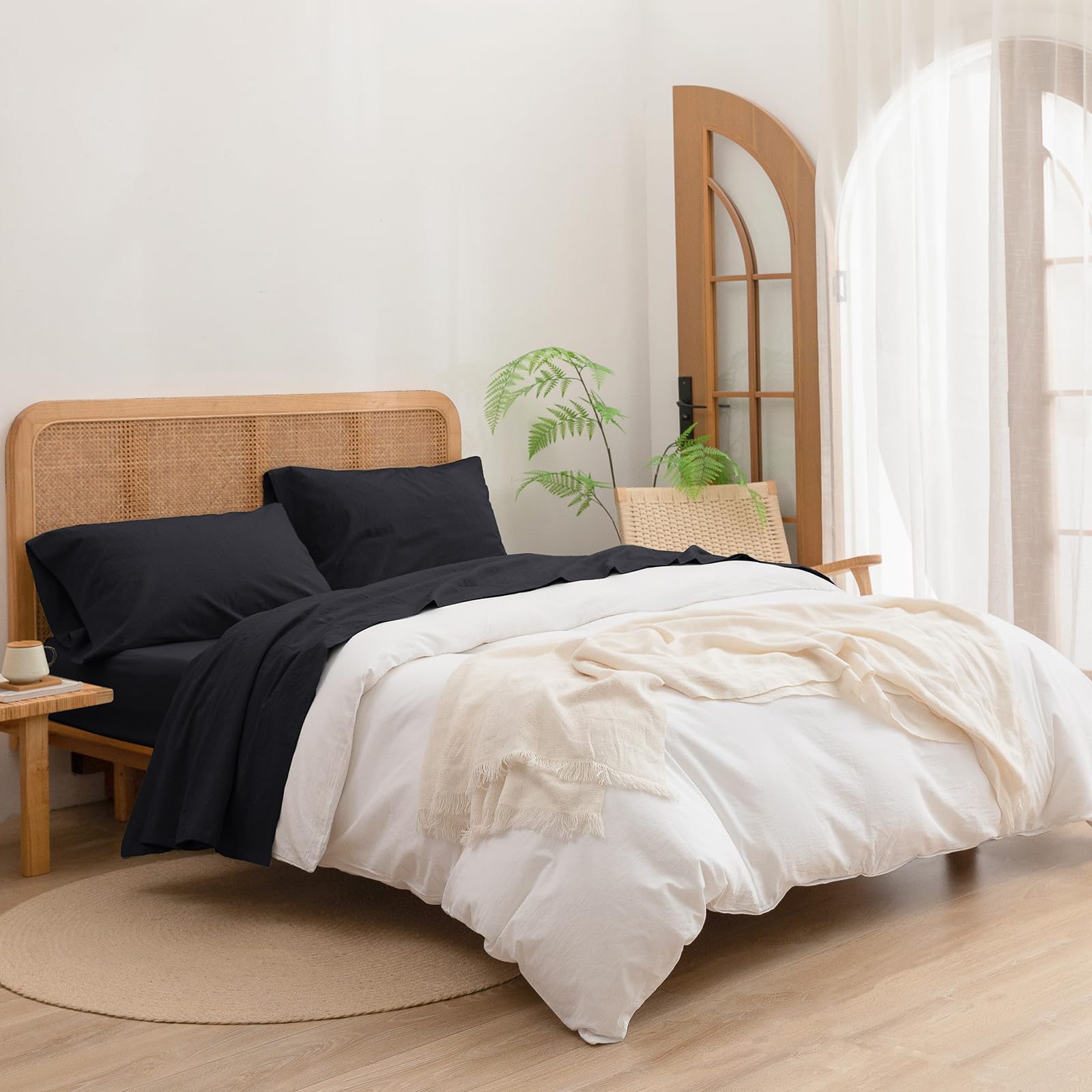 Bestouch Sheet Set 100% Washed Cotton Linen Feel Super Soft Comfortable Chic Lightweight 4 Pcs Home Bedding Set Solid Deep Black