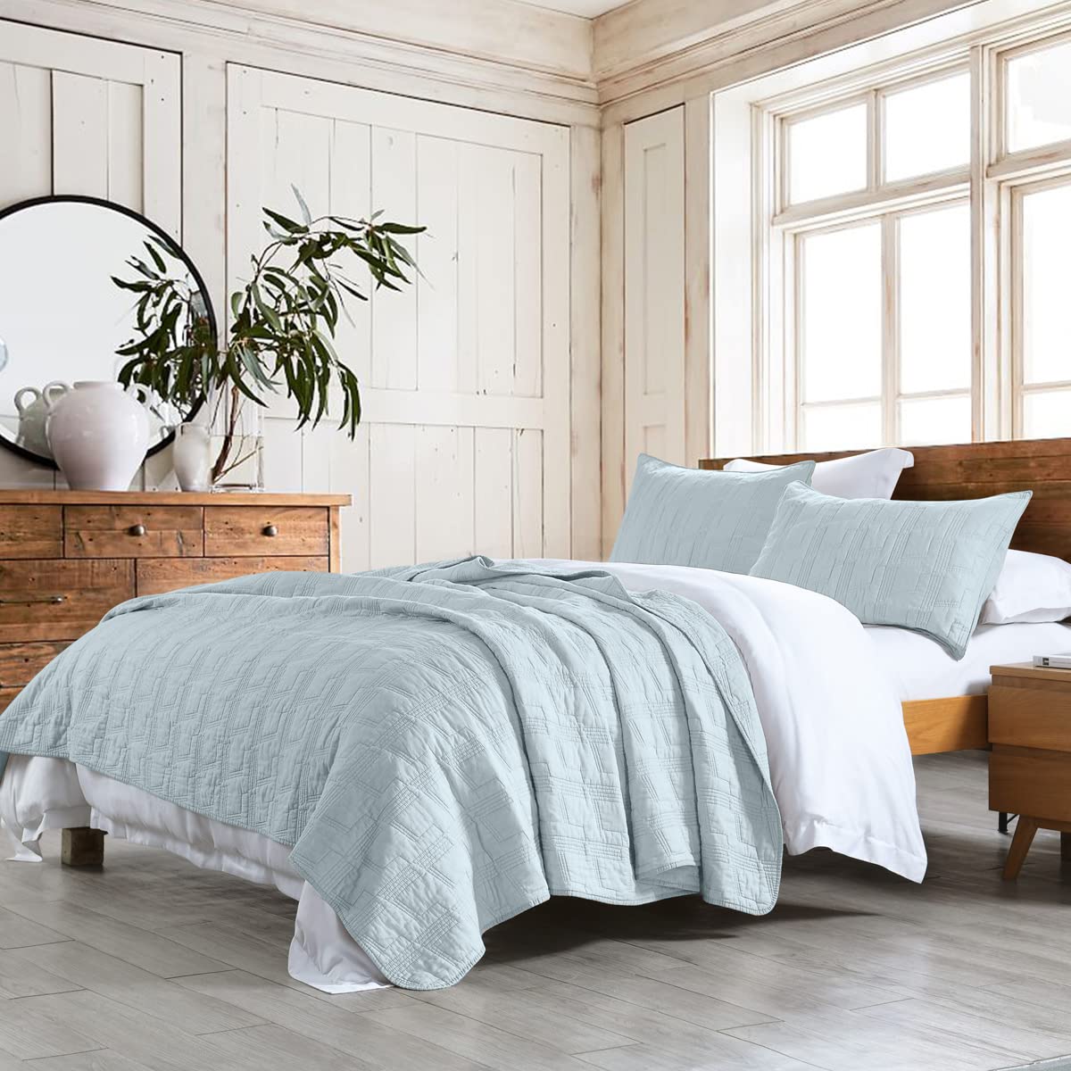 100 Cotton Quilt Set King Size, Baby Blue Pre-Washed 3-Piece Bedspread Coverlet Set, Cozy Lightweight Stitching Decorative Beddi