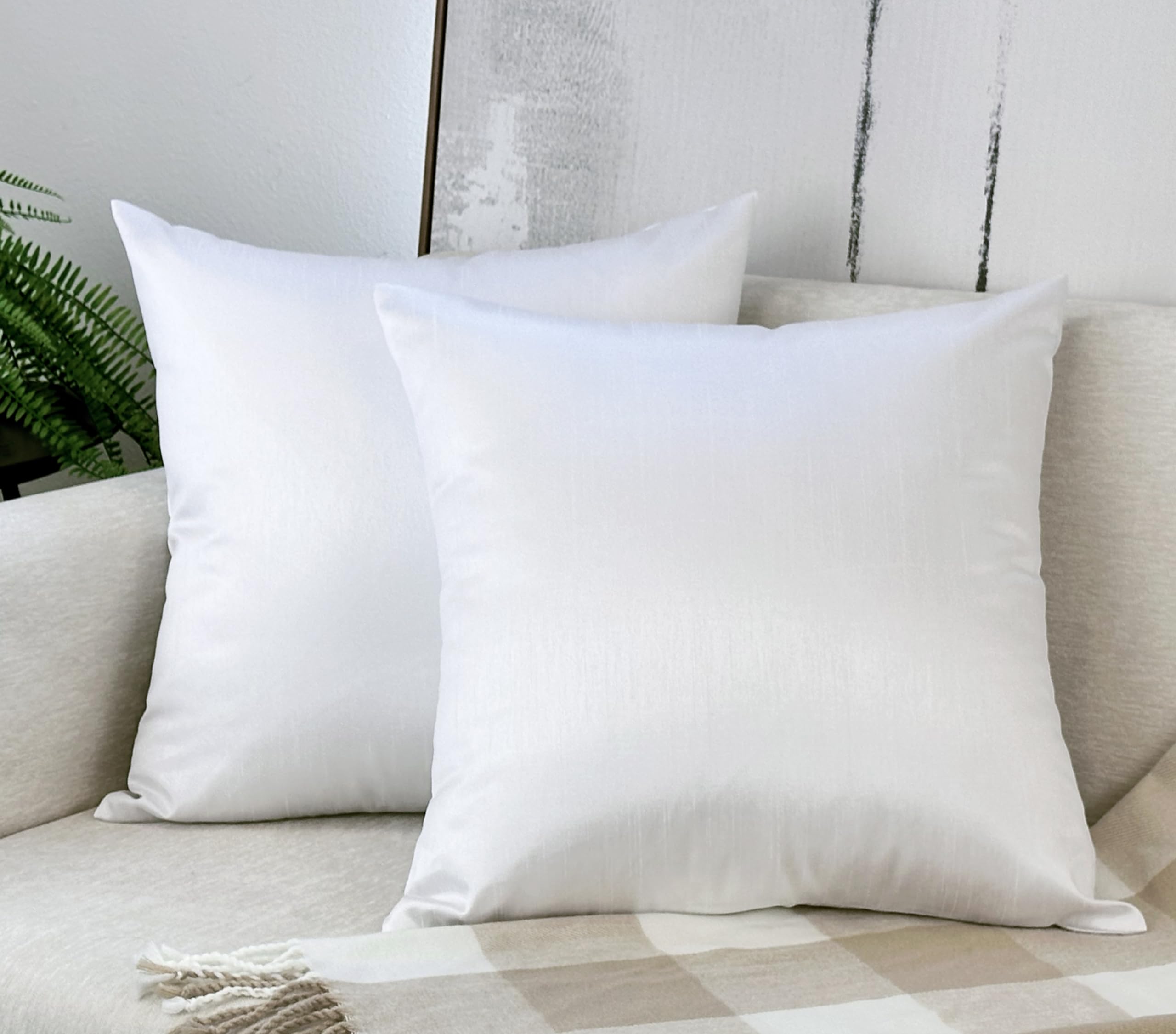 Aiking Home 18X18 Inches Faux Silk Square Throw Pillow Cover, Zipper Closure, White (Set Of 2)
