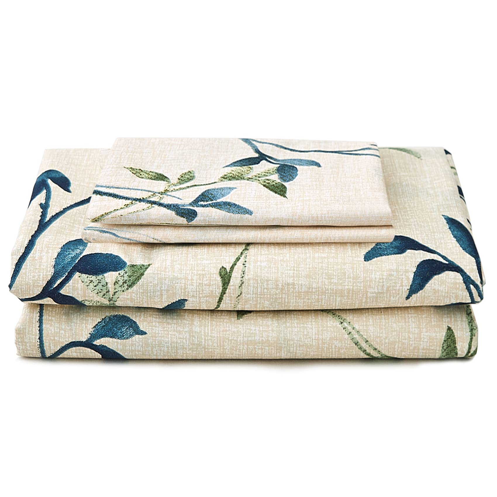Jsd Beige Leaves Print Sheet Set Full Size, 4 Piece Soft Botanical Microfiber Sheets Extra Deep Pocket Wrinkle Free