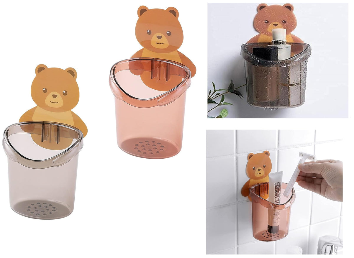 UCRAVO Toothbrush Holder Tumbler Stand Rack Shelf Wall Mounted with Self Adhesive Teddy Bear Magic Sticker No Need to Drill Bath