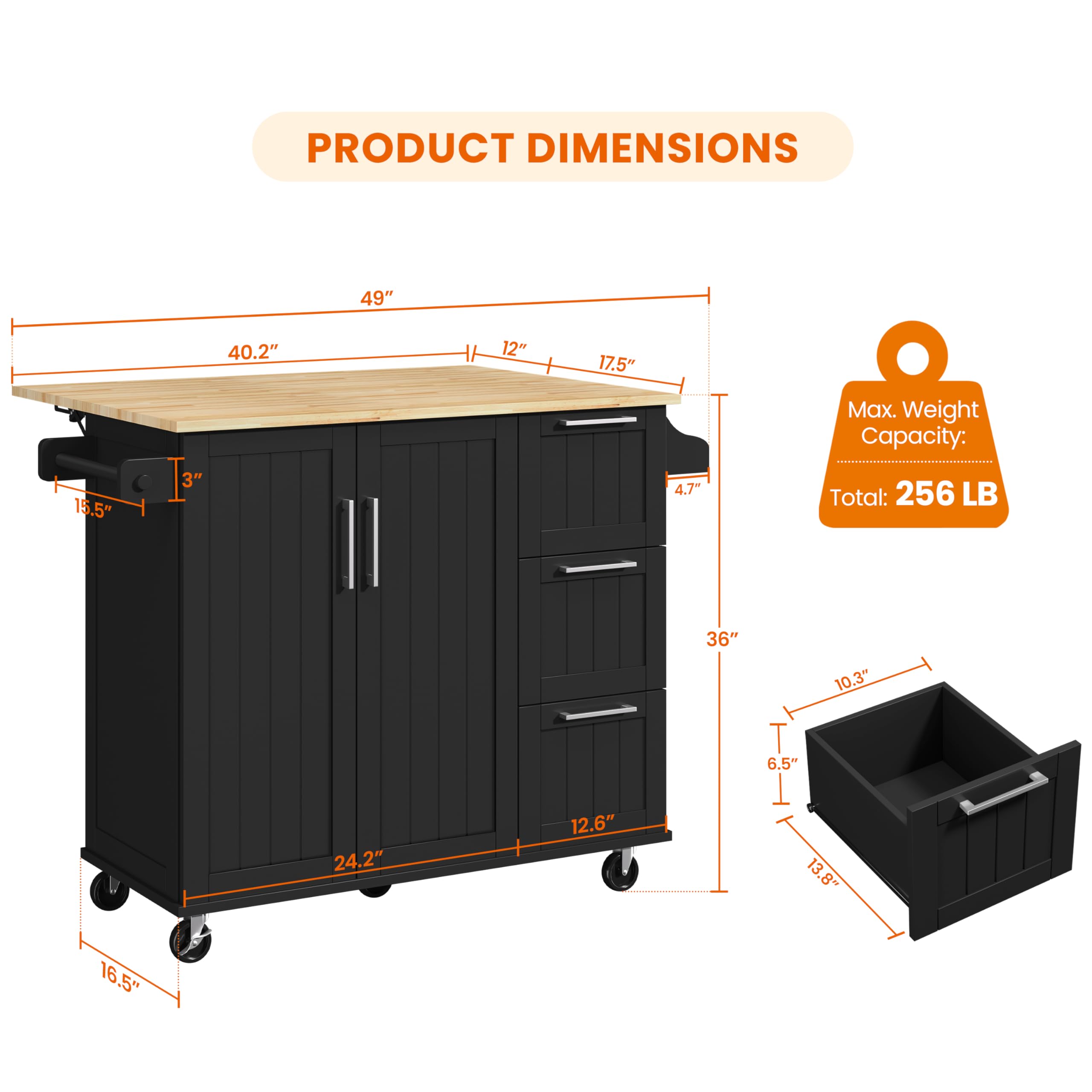 Yaheetech Kitchen Island Cart With Drop-Leaf Countertop, Rolling Kitchen Island Breakfast Bar Table On Wheels With Storage Cabinet & 3 Drawers & Spice Rack For Dinning Room, 49 Inch Width, Black