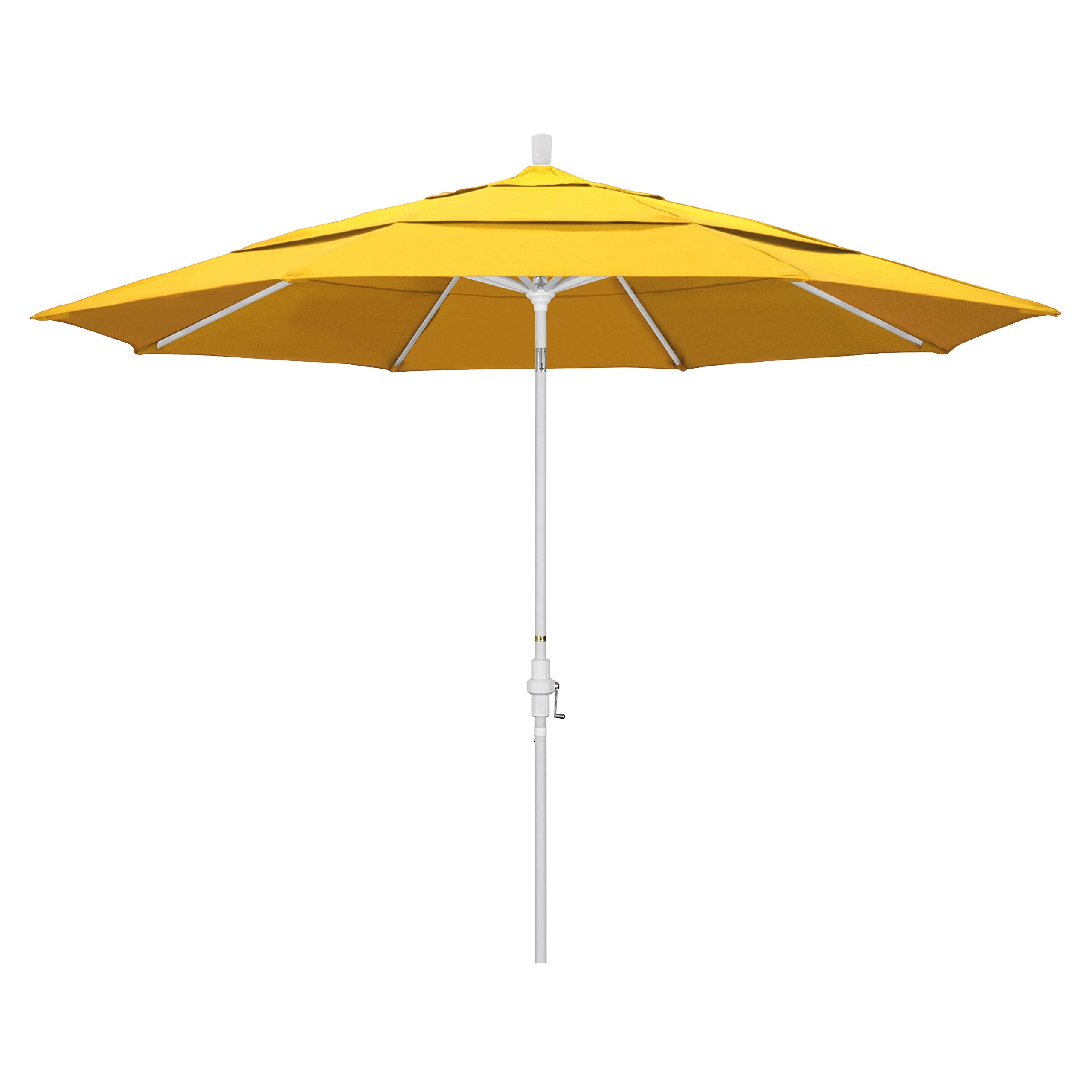 California Umbrella 11' Round Aluminum Market Umbrella, Crank Lift, Collar Tilt, White Pole, Sunbrella Sunflower Yellow