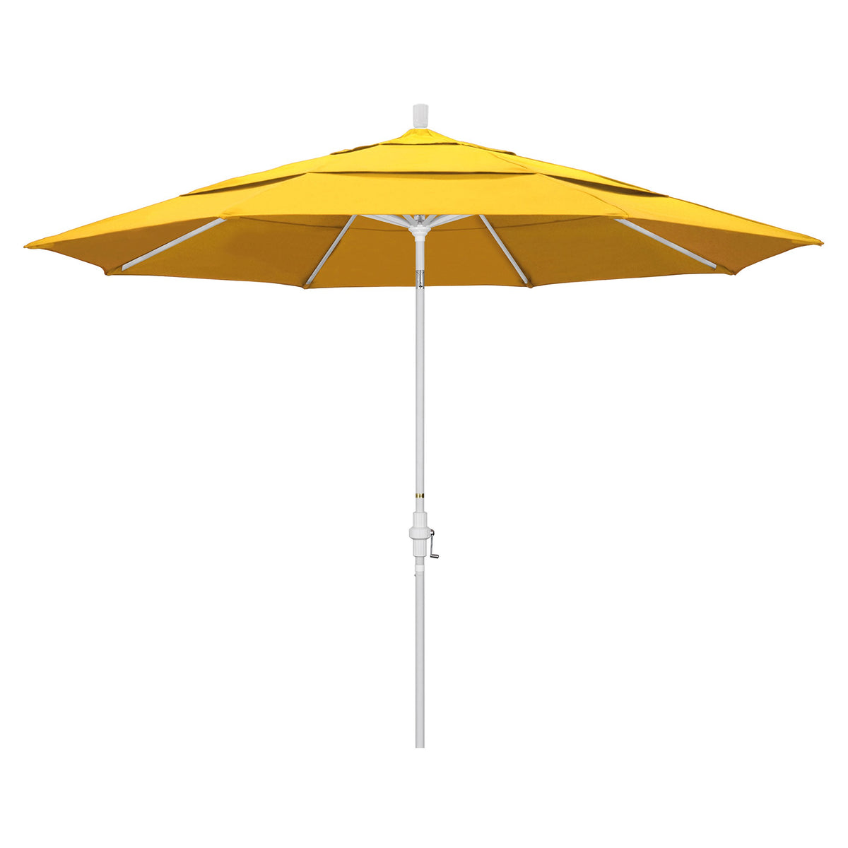 California Umbrella 11' Round Aluminum Market Umbrella, Crank Lift, Collar Tilt, White Pole, Sunbrella Sunflower Yellow