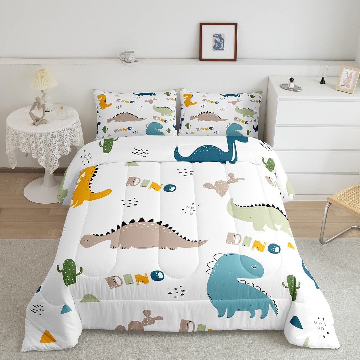 Feelyou Cute Dinosaur Comforter Set Cartoon Cactus Bedding Set Decor Jungle Dino Boho Succulent Comforter Wild Animal Pattern Ye