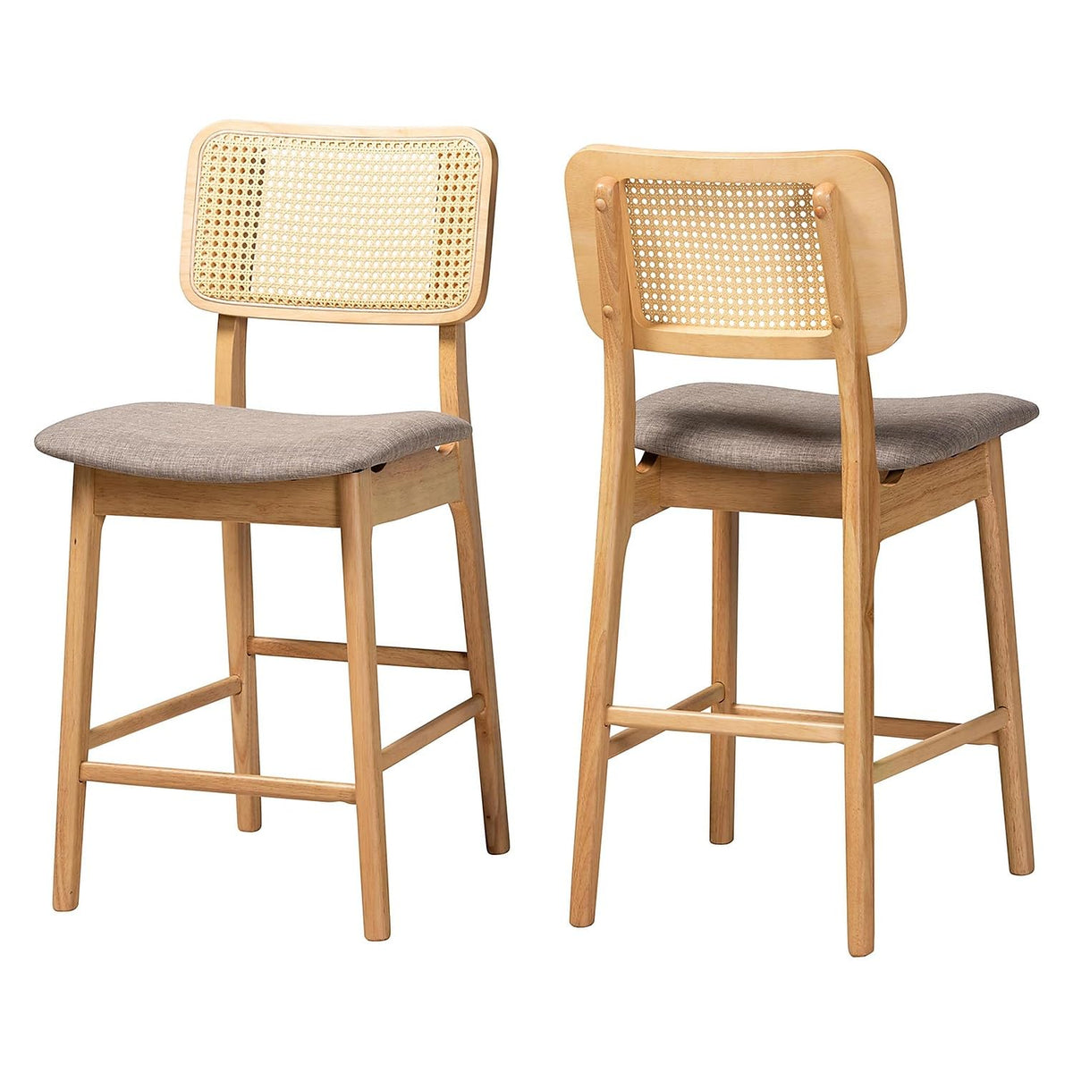 Baxton Studio Dannon Mid-Century Fabric Counter Stool, Grey/Natural Oak/Light Brown, 2/Set (235-2P-13304-Ht)