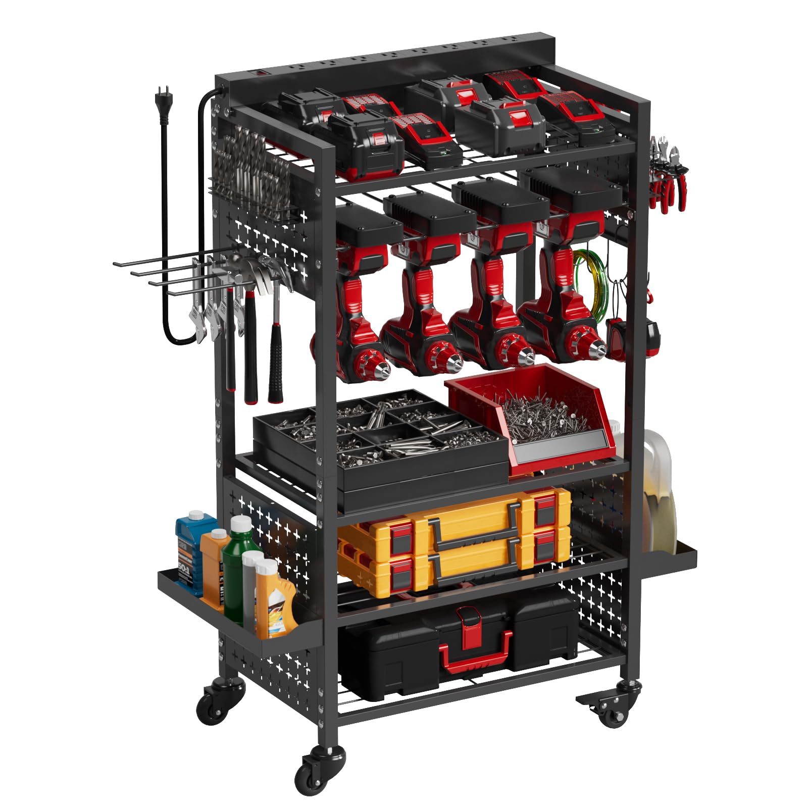 VDEVY Power Tool Organizer Cart with 8 Charger Ports & Adjustable Storage, Garage Workshop Utility Cart for Mechanic, Birthday G