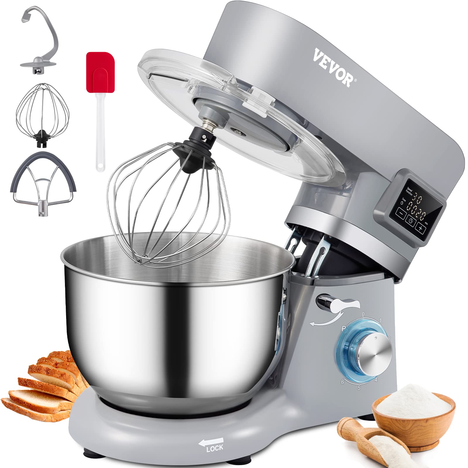 VEVOR Stand Mixer, 660W Electric Dough Mixer with 6 Speeds LCD Screen Timing, Tilt-Head Food Mixer with 5.8 Qt Stainless Steel B