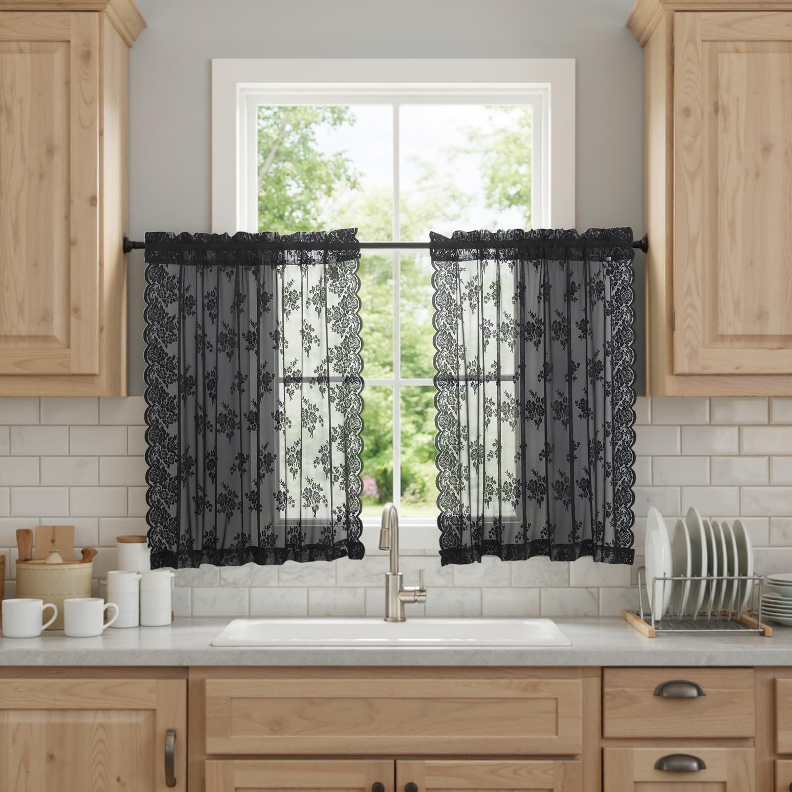 Kotile Black Lace Curtains 30 Inch Length 2 Panels Set, Country Rusitc Gothic Floral Short Lace Kitchen Window Curtains Over Sin