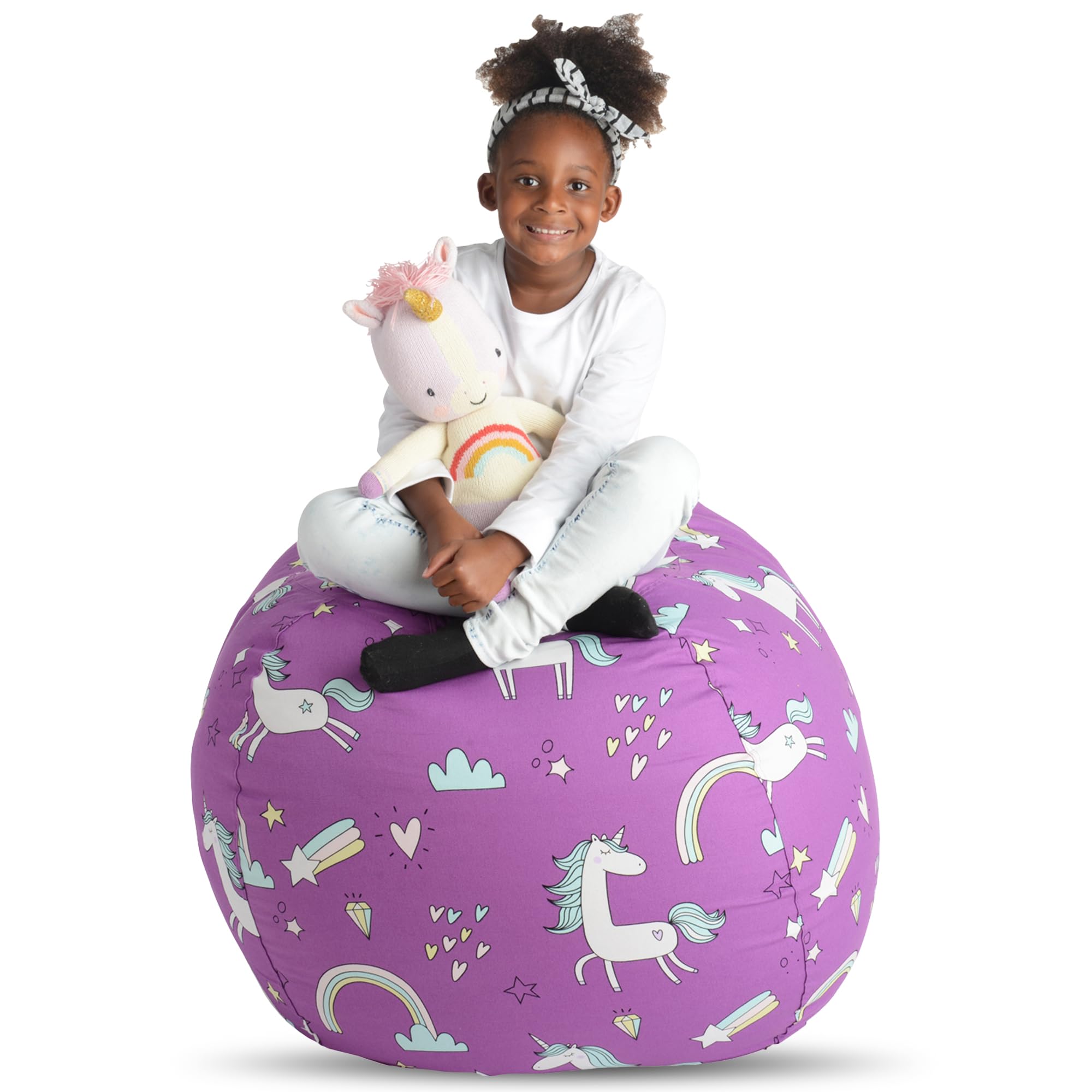 Creative Qt Stuff ’N Sit Large 33’’ Bean Bag Storage Cover For Stuffed Animals & Toys - Purple Unicorn Print - Toddler & Kids’ Rooms Organizer - Beanbag Makes Great Plush Toy Hammock Alternative