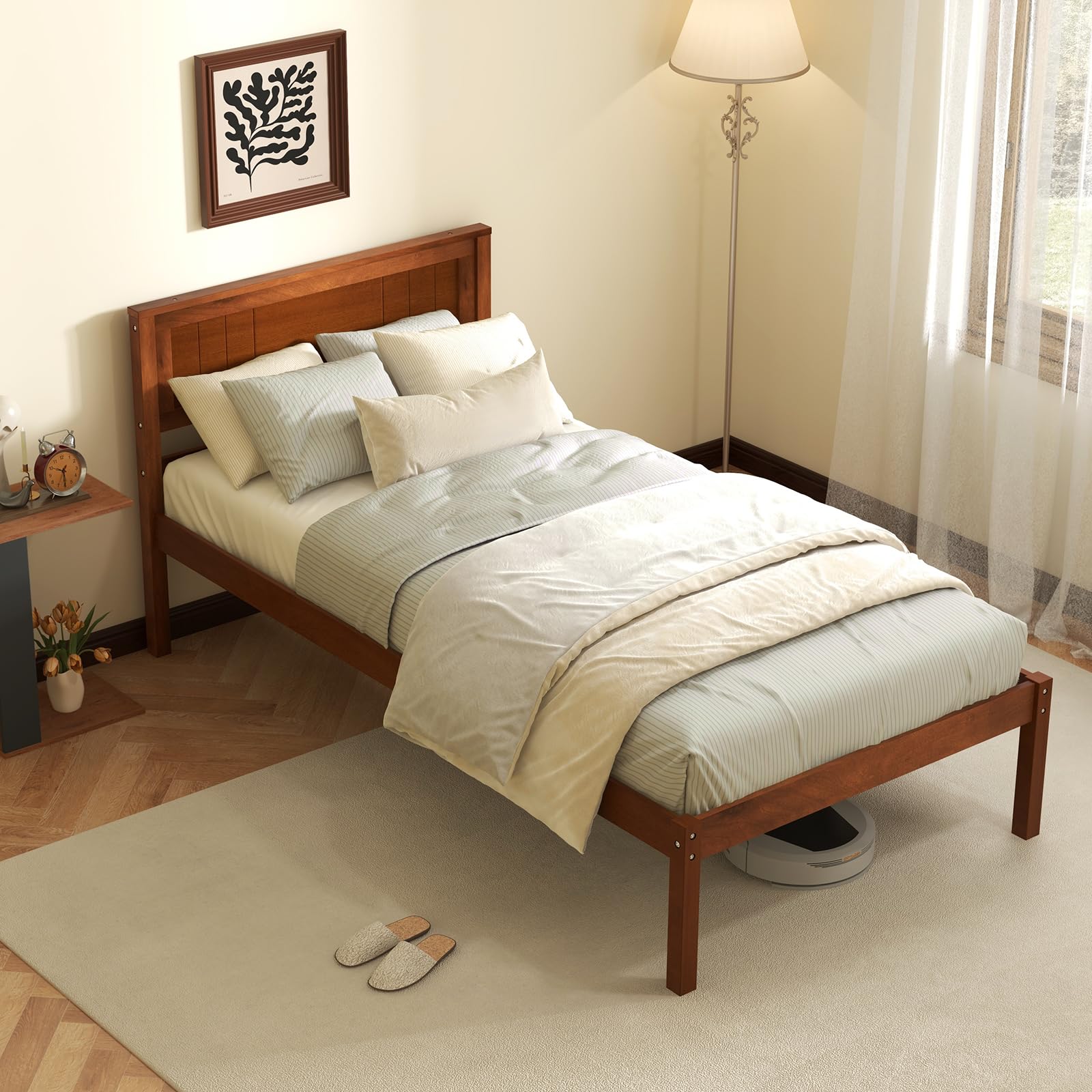 KOMFOTT Twin Size Wood Platform Bed Frame with Headboard, Solid Wood Bed Frame with Slat Support, Under Bed Storage, 16-Inch Mat