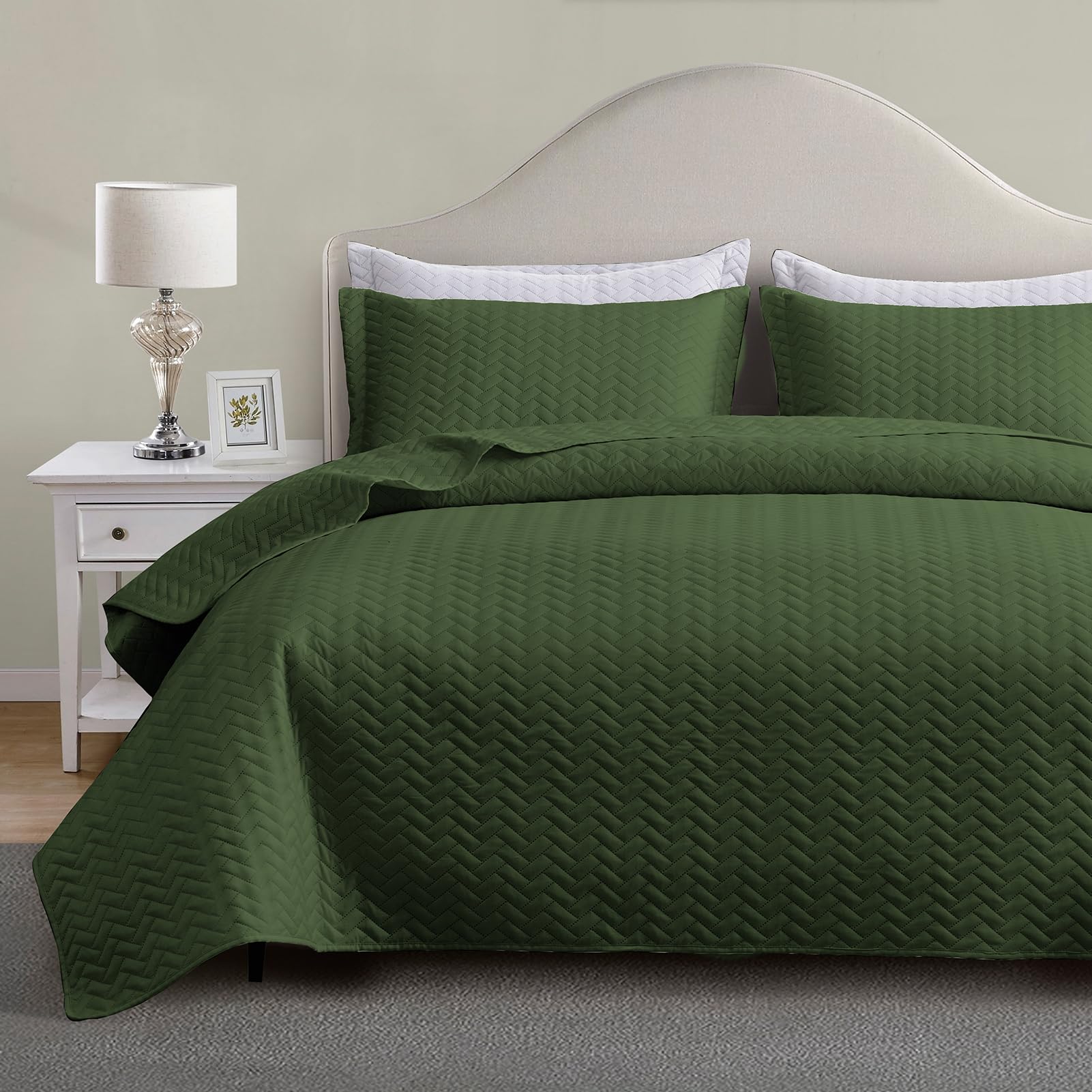 Maple&Stone Quilt Set Twin/Twin Xl, Lightweight Olive Green Bedspread Ultrasonic Chevron Pattern Light Coverlet For All Season C