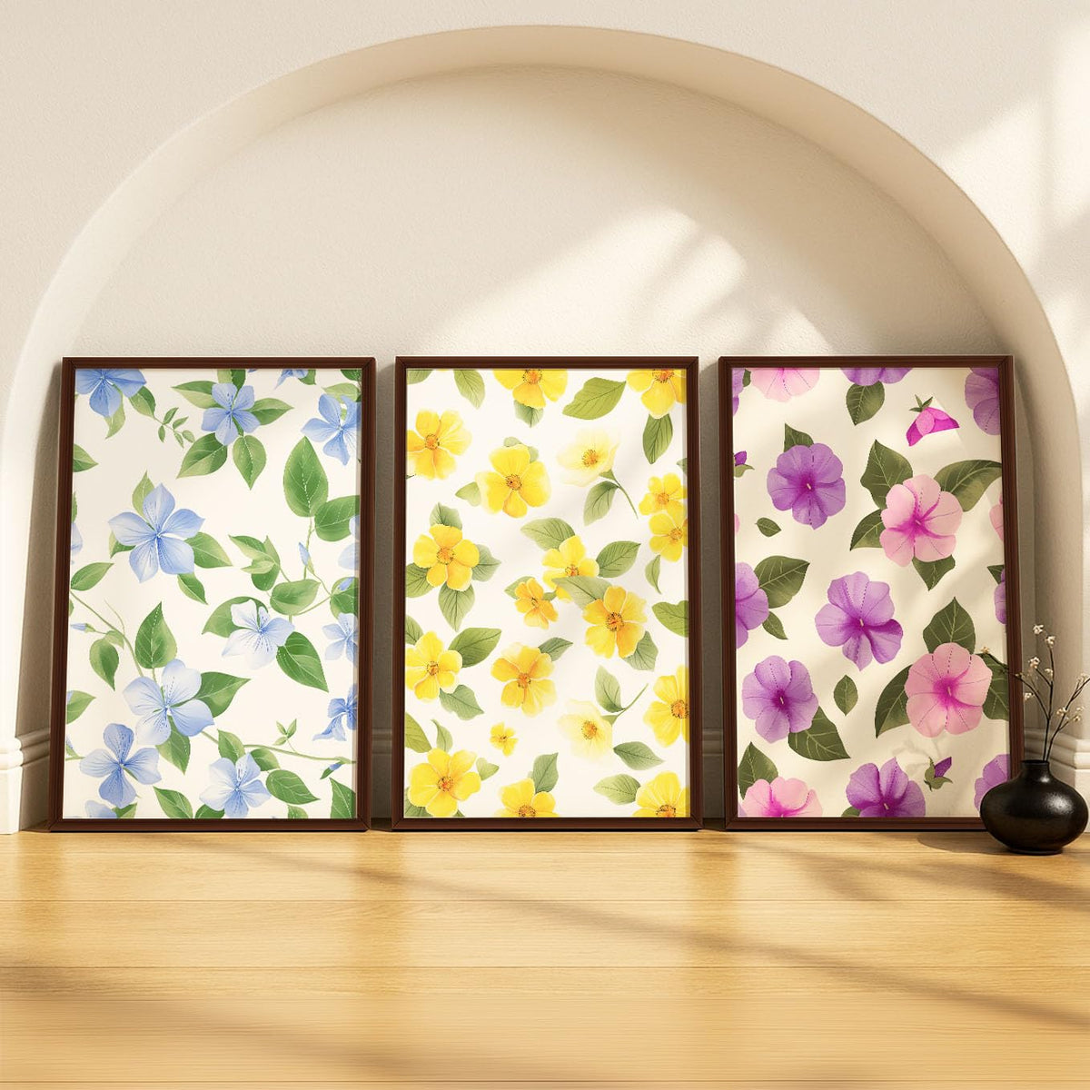 SoulAbiti Pastel Bloom Pattern set of 3 Framed Wall Print 12x18 inch Dark Brown Frame PlexiGlass Floral Art ready to hang for l