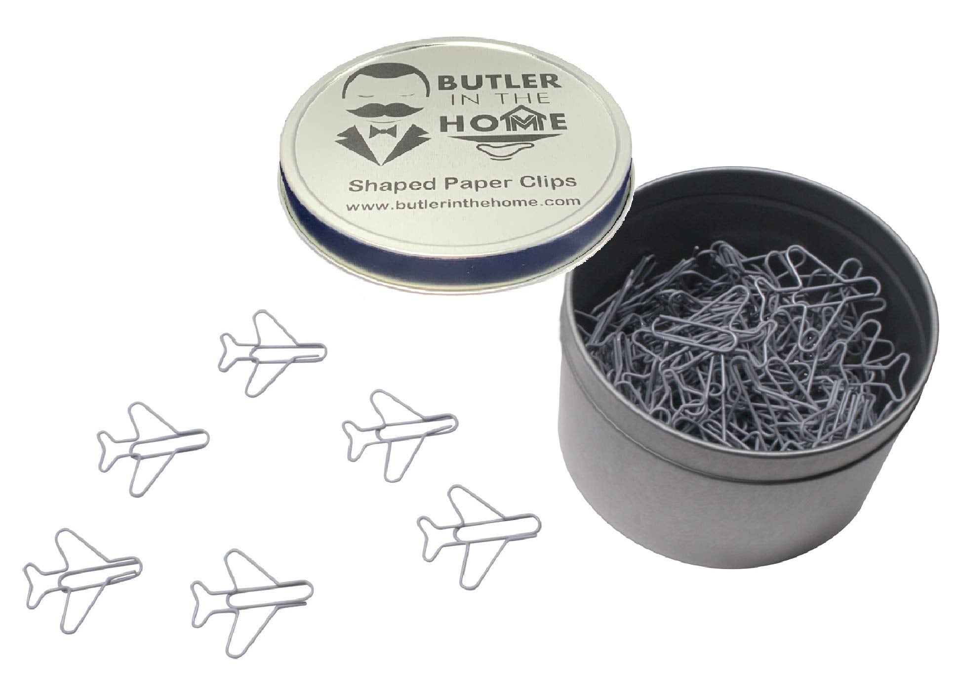 Butler In The Home 100 Count Airplane Shaped Paper Clips Office Gift - Round Tin With Lid - (Gray)