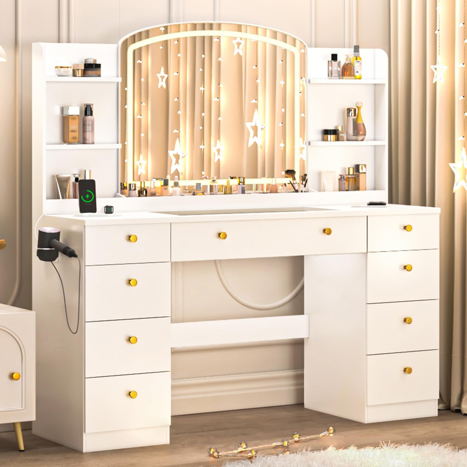 Bvldfamly 55 Makeup Vanity Desk with Mirror and LED Lights - Glass Top Make Up Desk with Power Outlet and Storage Shelf, Vanity 