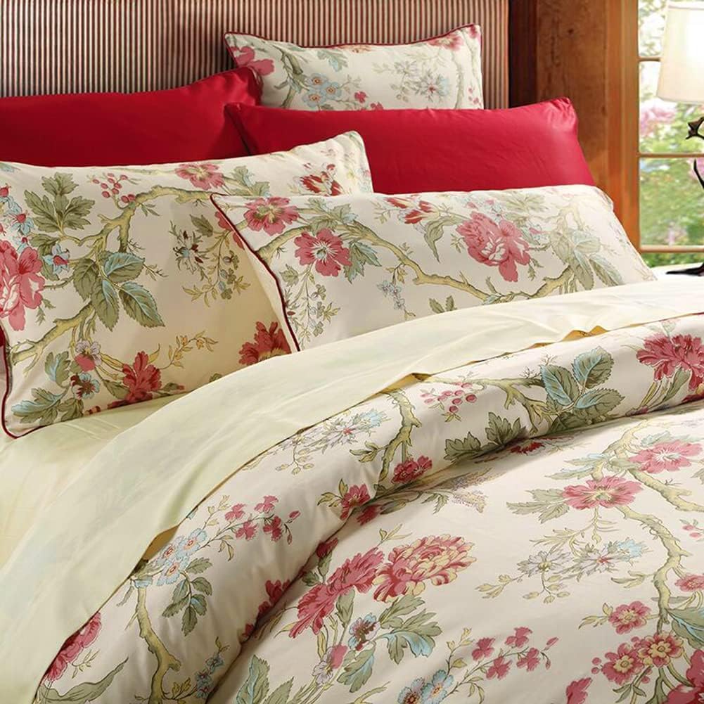 Garden Style Floral Duvet Cover Queen Vintage Red Flower Green Leaves Pattern Floral Bedding Duvet Cover Aesthetic Bedding Set C