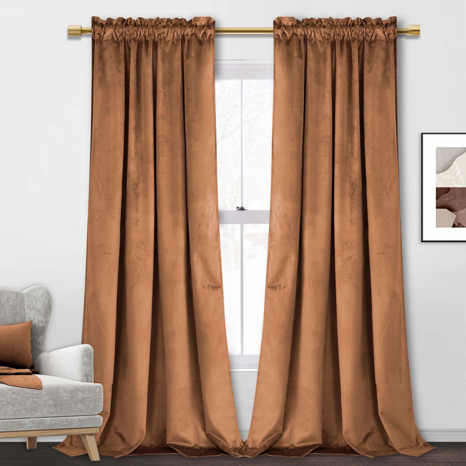 Jiuzhen Gold Brown Velvet Curtains 96 Inches For Living Room - Privacy Protect Room Darkening Rod Pocket Thick Velvet Window Dra
