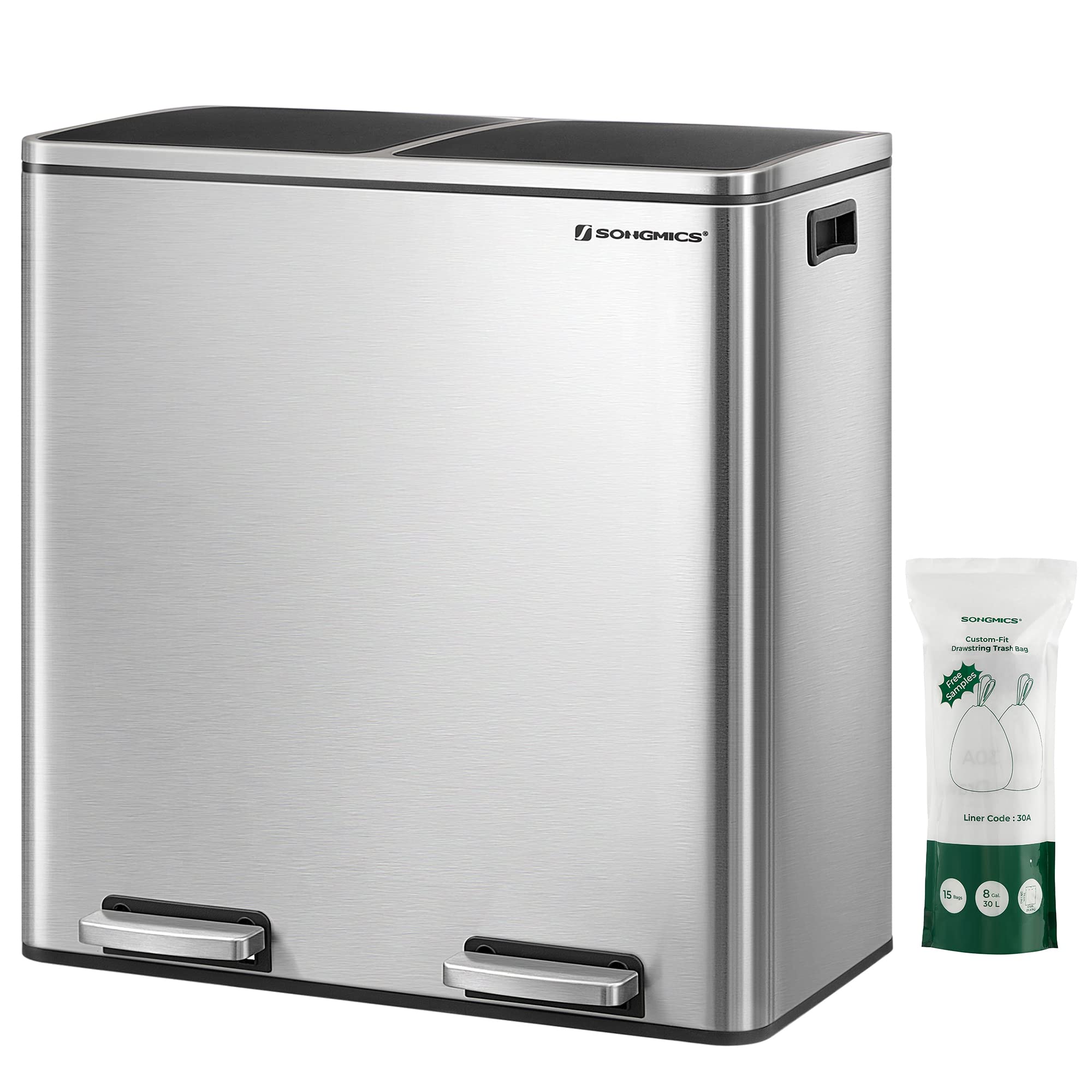 SONGMICS Trash Can, 2 x 8 Gallon (2 x 30 L) Garbage Can for Kitchen, with 15 Trash Bags, 2 Compartments, Plastic Inner Buckets a