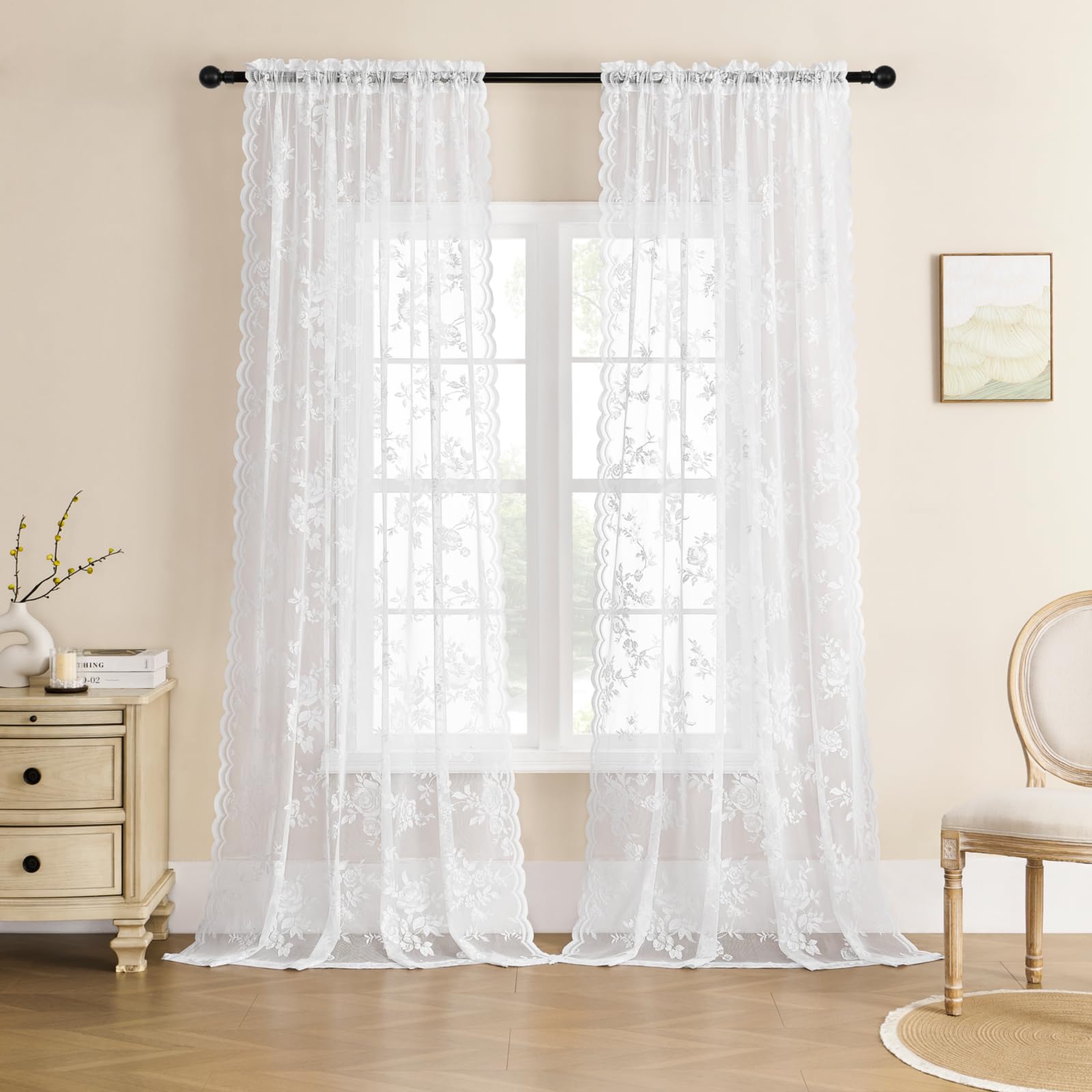 White Lace Curtains 108 Inches Long Victorian Sheer Floral Curtains For Living Room Office Rod Pocket Light Filtering Drapes For