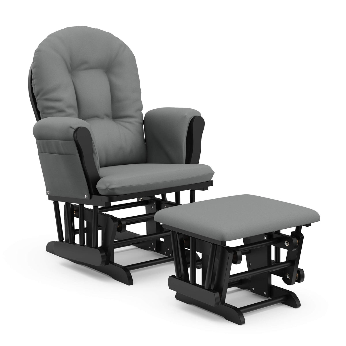 Storkcraft Premium Hoop Glider And Ottoman (Black Base, Gray Cushion) - Padded Cushions With Storage Pocket, Smooth Rocking Motion, Easy To Assemble, Solid Hardwood Base