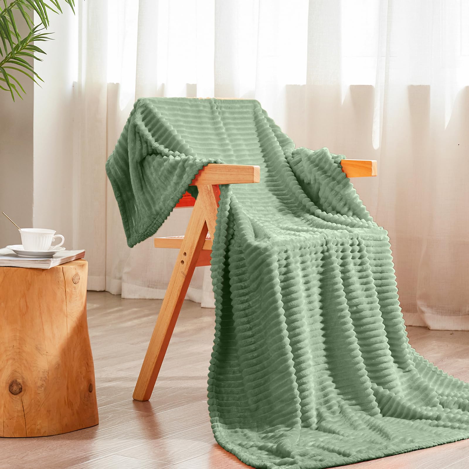 Vessia Flannel Fleece Throw Blanket, 300Gsm Cozy Sage Green Striped Throw Blanket For Couch, Sofa And Bed, Warm And Soft Cozy Gr
