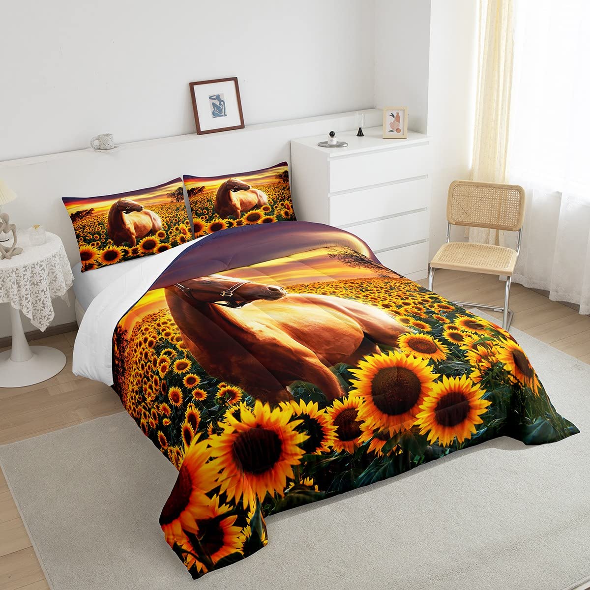 3D Horse Comforter Set For Kids Boys Wild Animal Down Comforter Girls Teen Adult Women Sunflower Quilted Duvet Brown Horse Beddi