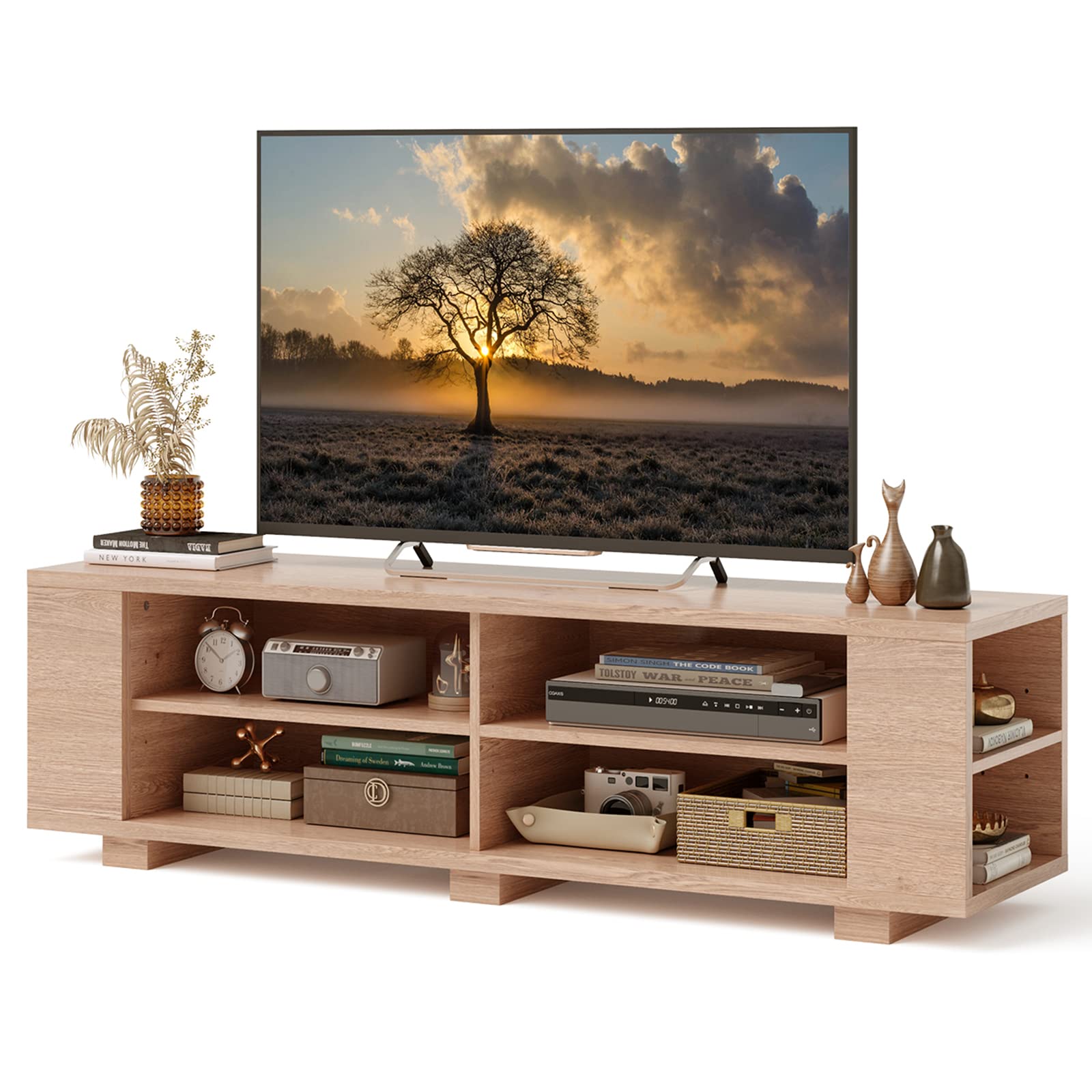 Tangkula Wood Tv Stand For Tvs Up To 65 Inch Flat Screen, Modern Entertainment Center With 8 Open Shelves, Farmhouse Tv Storage Cabinet For Living Room Bedroom, Tv Console Table (Natural)