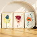 SoulAbiti Stylized Poppy Flowers set of 3 Framed Wall Print 12x18 inch Light Brown Frame PlexiGlass Abstract Art ready to hang