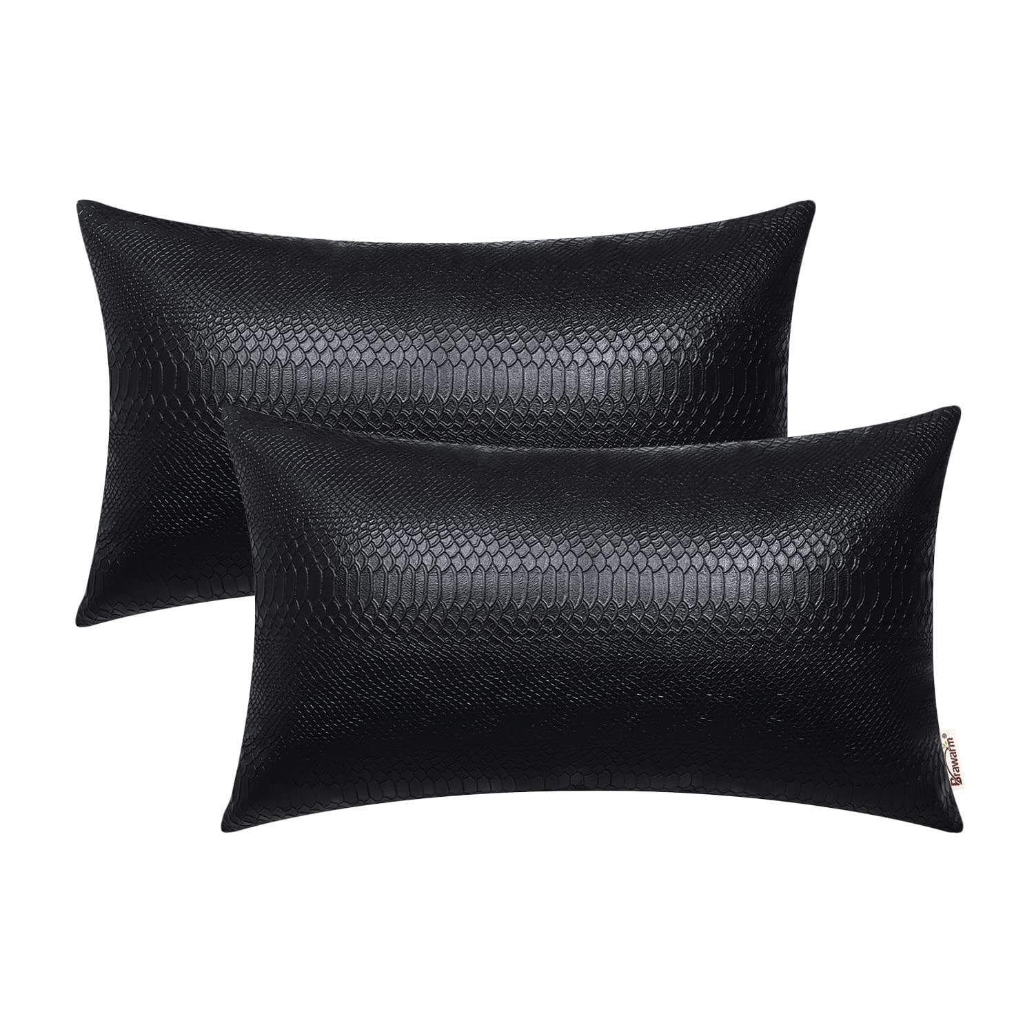 BRAWARM Black Leather Throw Pillows 12 X 20 Inches, Snake Leather Pillow Covers Pack of 2, Faux Leather Decorative Lumbar Pillow