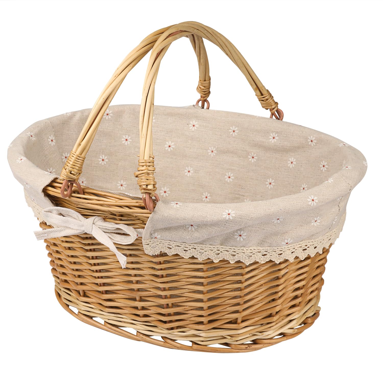 Large Multipurpose Wicker Basket With Handle, 14.2 X 11 X 6.7 In Wicker Picnic Basket With Liner, Empty Gift Basket, Oval Willow