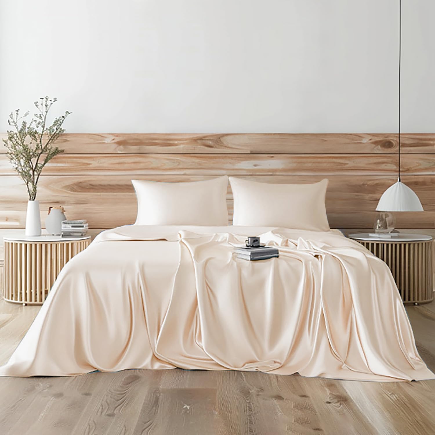 Candoury Satin Sheets Queen Bed Set 4 Pcs, Soft And Durable Pillowcase, Flat Sheet And Fitted Sheet, Hotel Luxury Silky Satin Sheets Set(Queen, Beige)