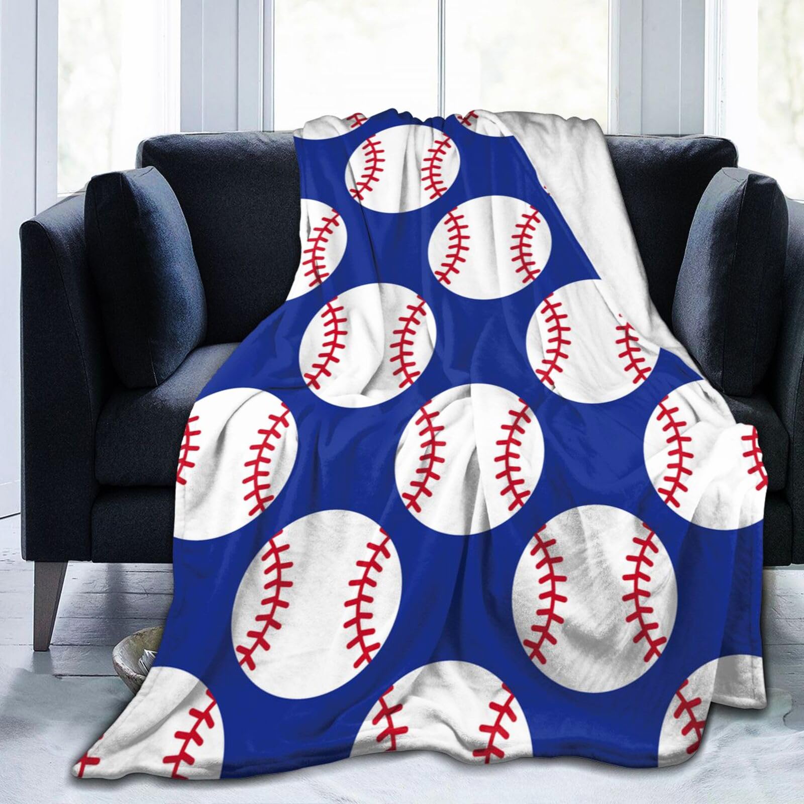 Baseball Navy Blue Sports Ball Throw Blanket Soft Bed Bedding Warm Cozy Plush Flannel Fleece Blankets Gifts For Boys Teens Men,