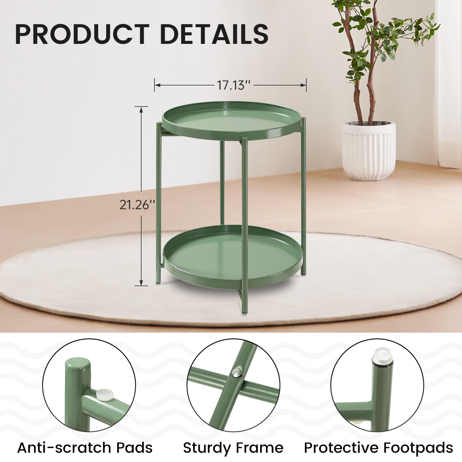 Danpinera 2 Tier Metal Side Table With Removable Tray, Folding End Table Outdoor Side Table Small Accent Table, Anti-Rust Green Nightstand For Bedroom Balcony Patio, Set Of 2 (Dark Green)