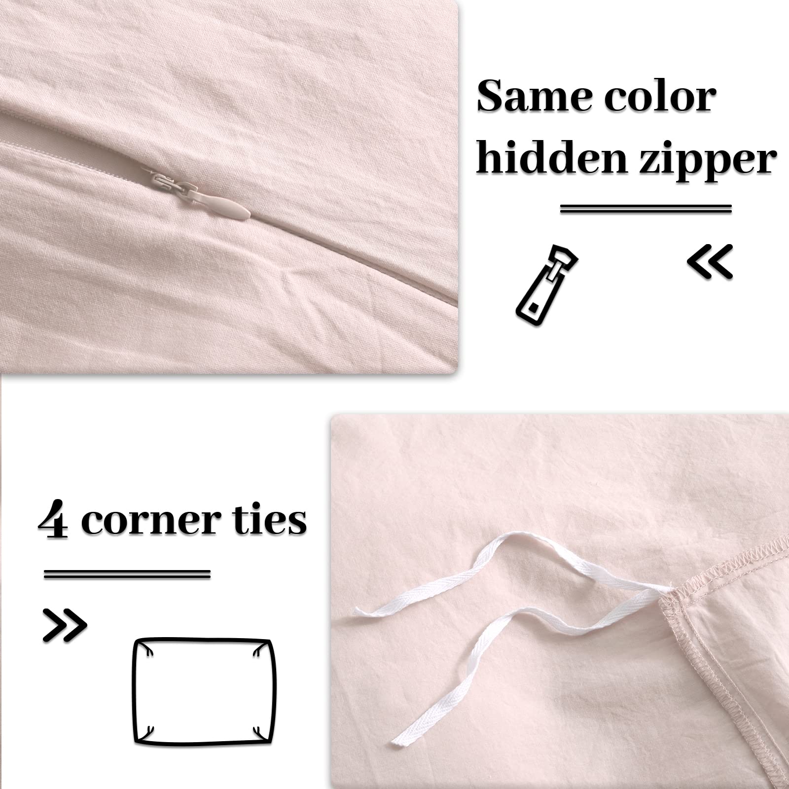 Nexhome Pro Duvet Cover Set King Size Linen Look Textured Organic Natural 100% Washed Cotton Duvet Cover Greyish Light Pink 3 Pi