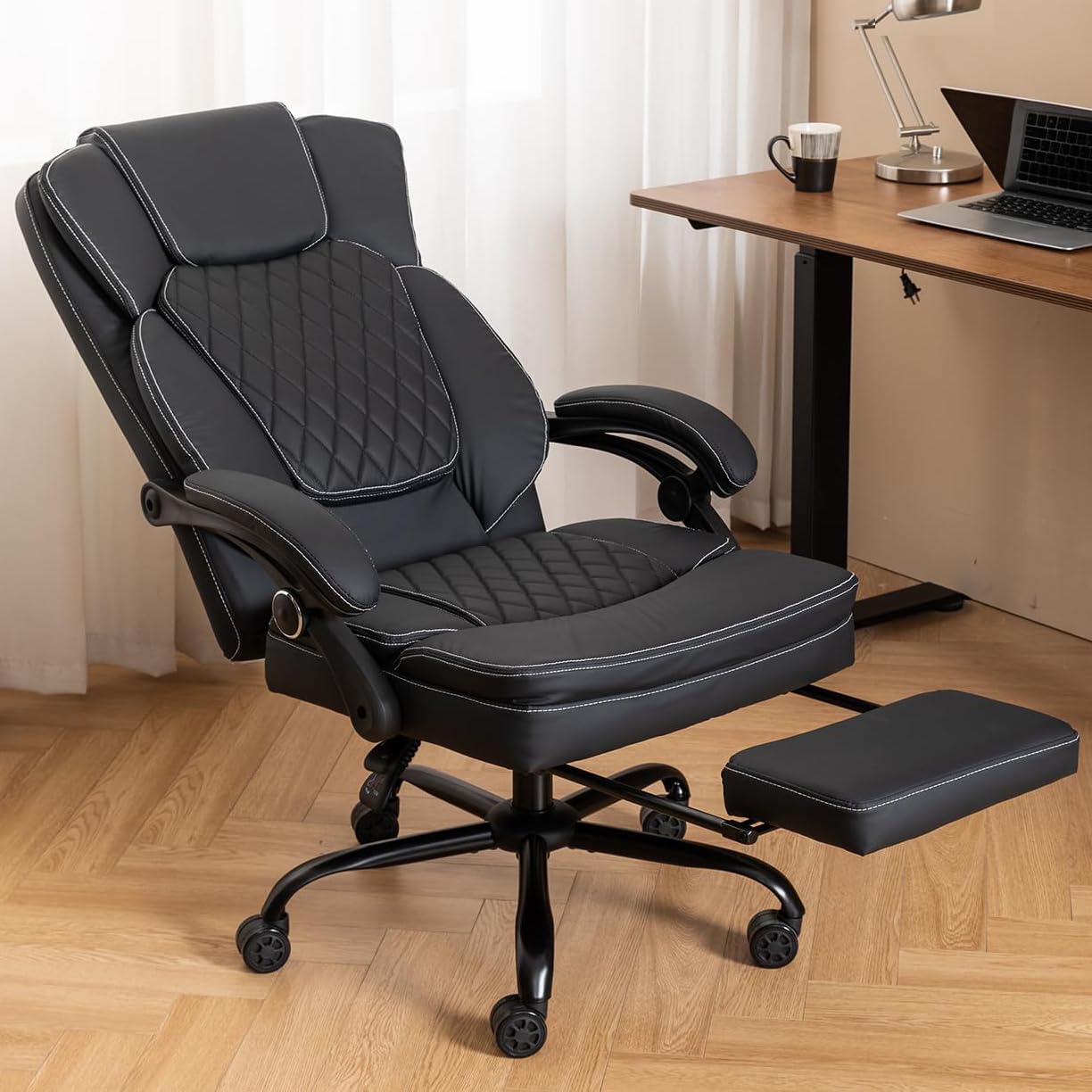 Ergonomic Office Chair With Footrest, Reclining Desk Chair With Leg Rest, Big And Tall 400 Lbs Capacity, Executive Pu Leather Fo