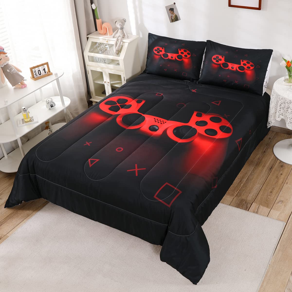 Boys Gamer Comforter Set Full Size,Gamepad Bedding Set Kids Young Man Video Games Down Comforter For Teen Child Game Room Decor
