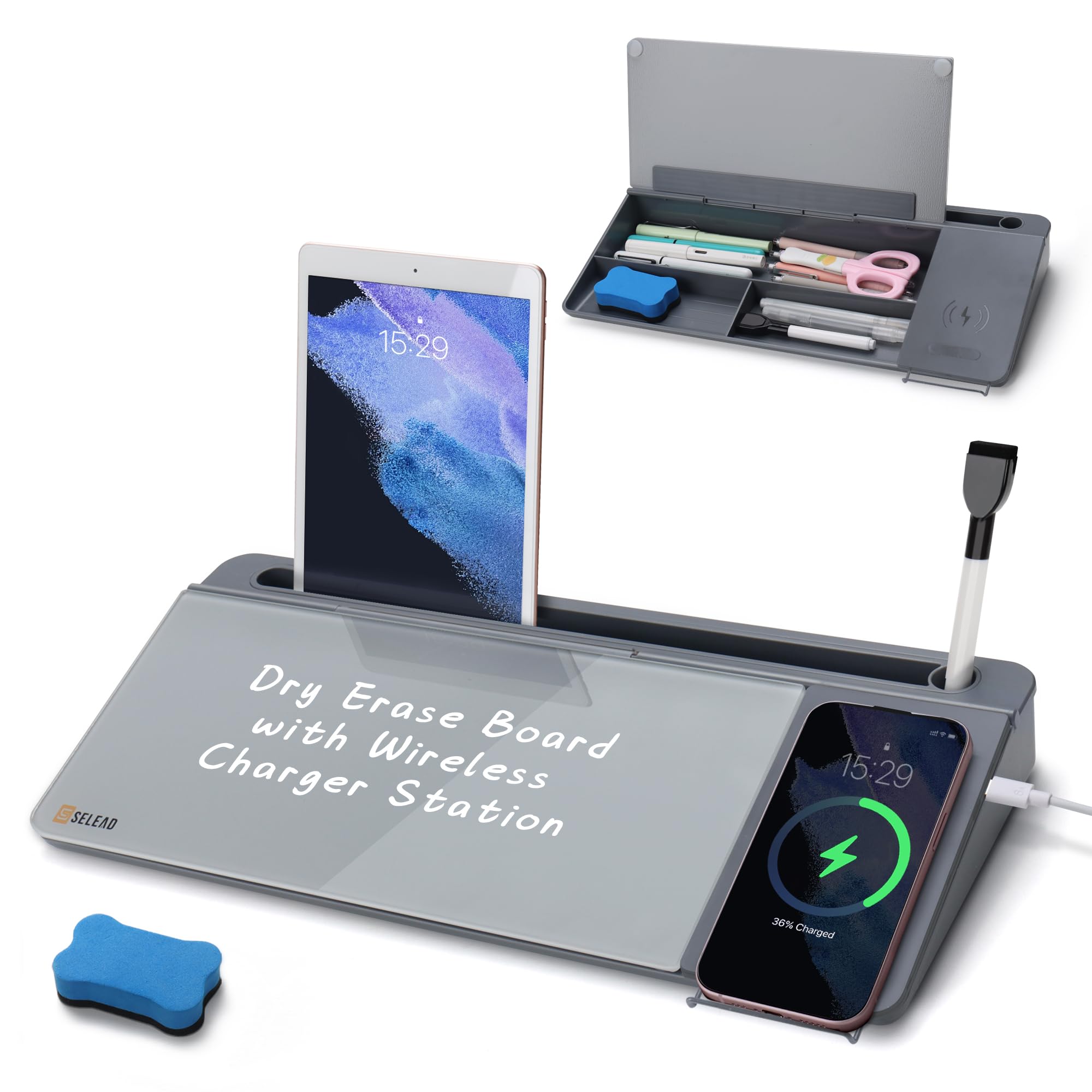 Selead Desktop Glass Whiteboard With Wireless Charger Station, Dry Erase White Board Computer Pad Keyboard Stand With Organizer