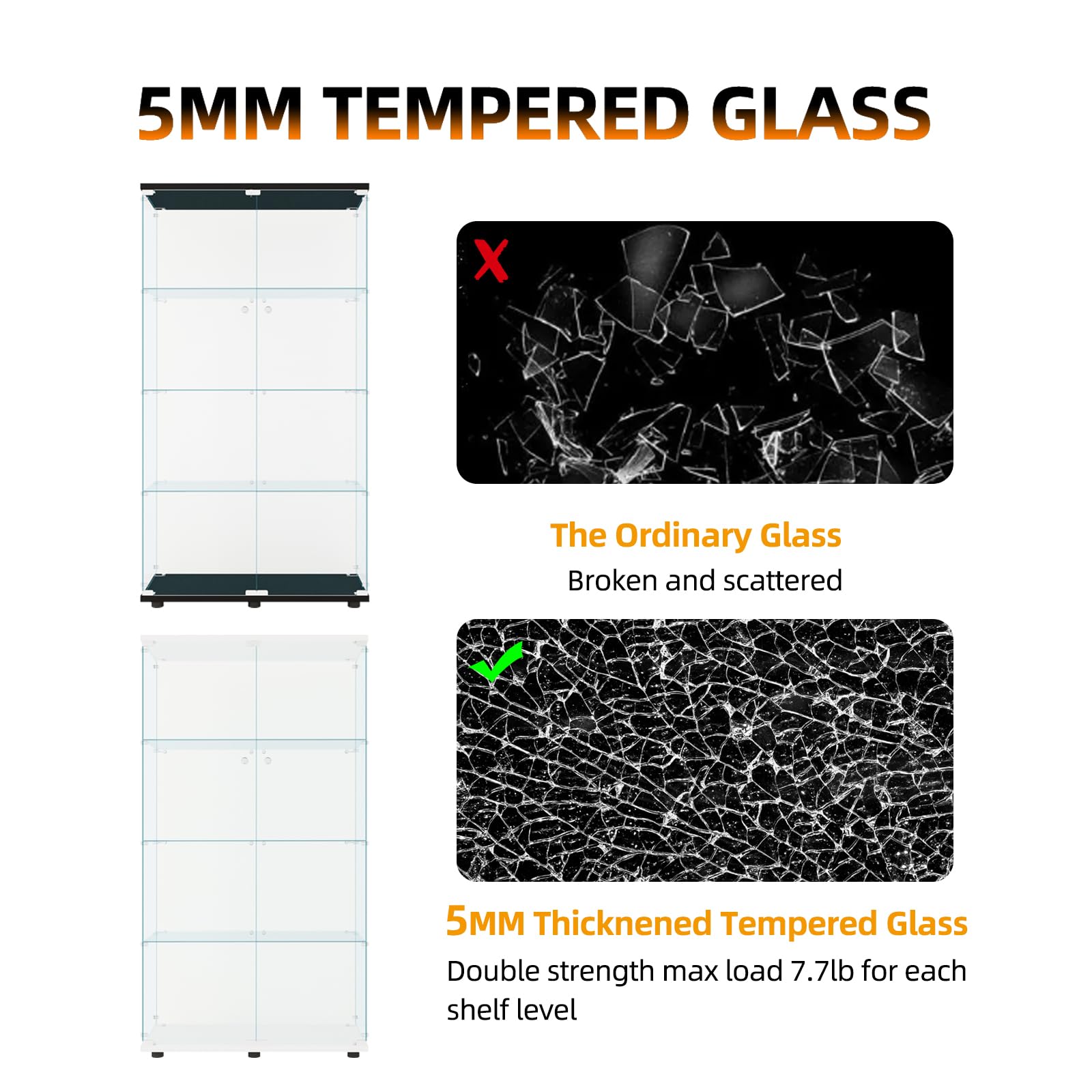 Beauty4U Glass Display Cabinet With 4 Shelves, 2 Doors Curio Cabinets For Living Room, Bedroom, Office, Black Floor Standing Glass Bookshelf, Quick Installation