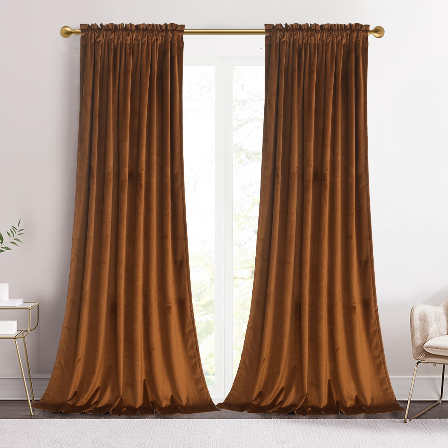 Roslynwood 120-Inch Length Brown Velvet Curtains For Bedroom, Rod Pocket Heavy Thick Blackout Window Panels Christmas Holiday Ho