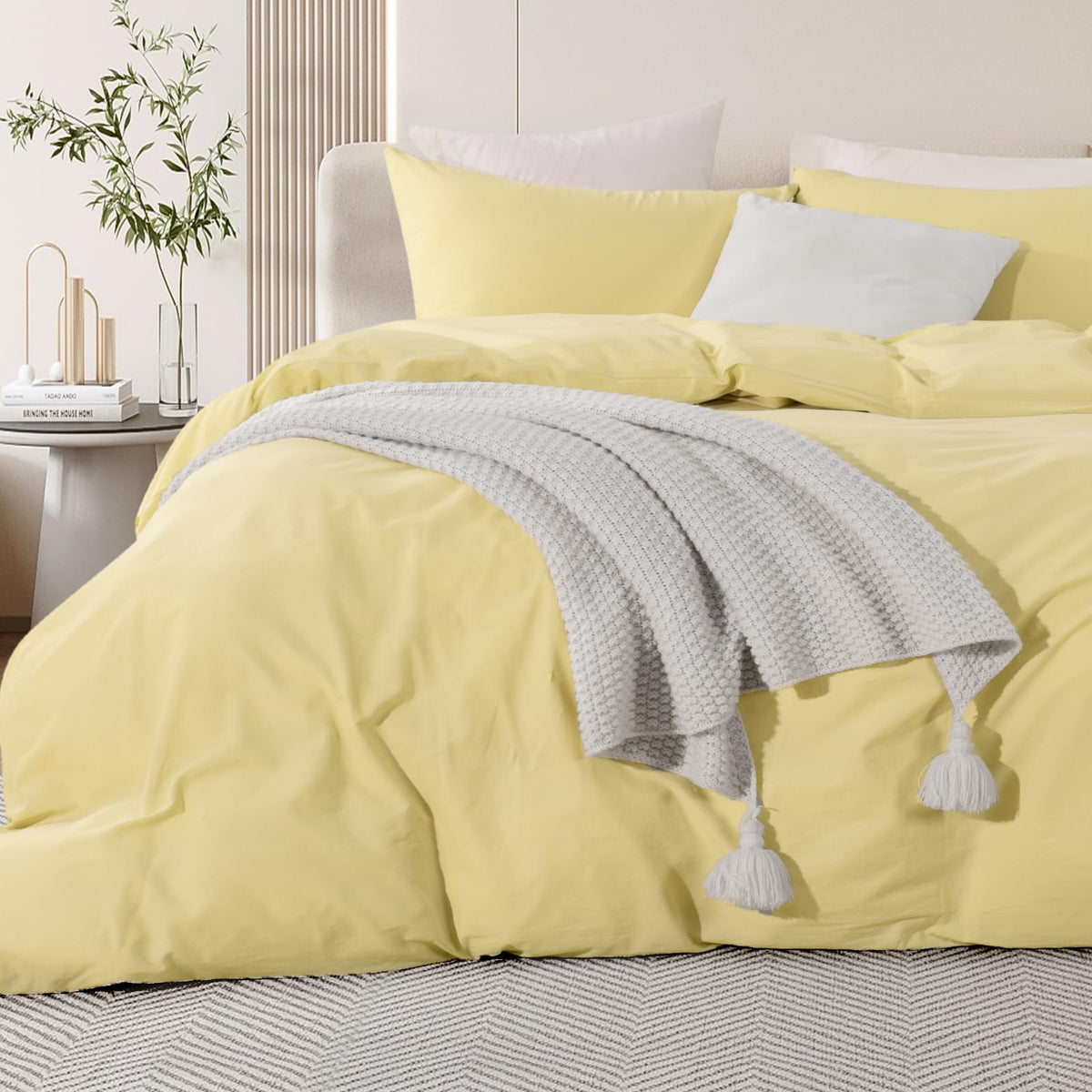 Nexhome Pro Duvet Cover Set Queen Size Linen Feel Textured Organic Natural 100% Washed Cotton Duvet Cover Cream Bright Yellow 3