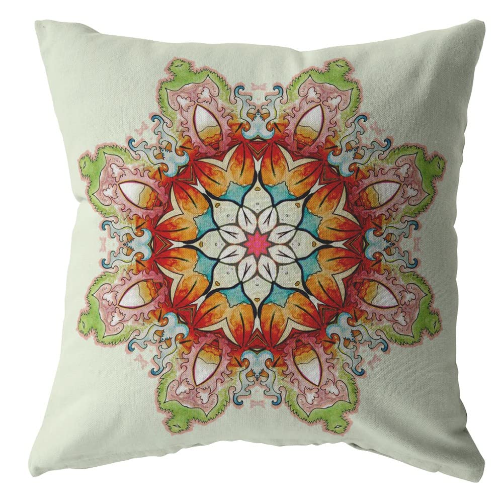 HomeRoots Orange and Green Broadcloth 28' Orange Green Mandala Indoor Outdoor Throw Pillow