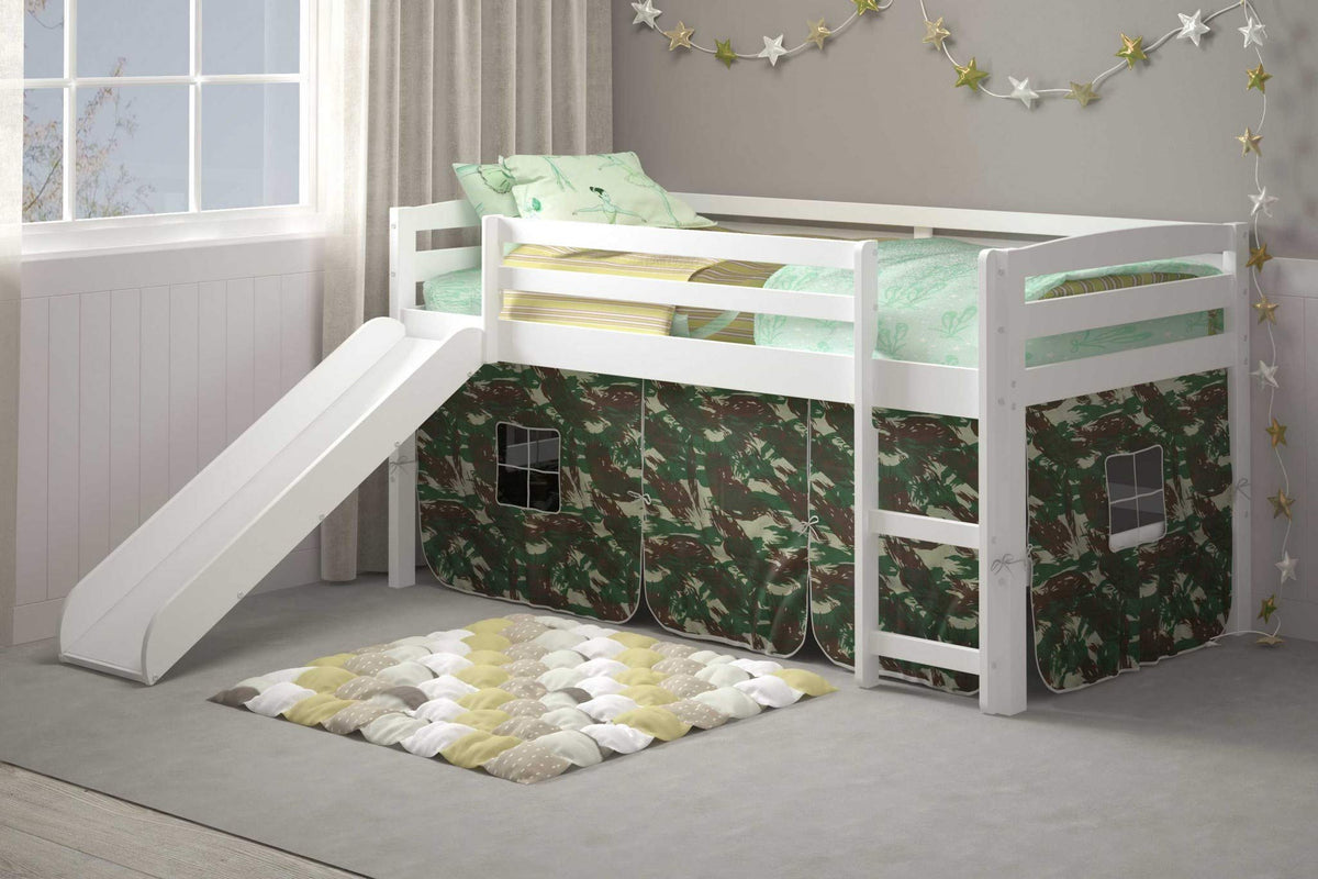 HomeRoots 41' X 81' X 46' White Solid Pine Camo Tent Loft Bed with Slide and Ladder