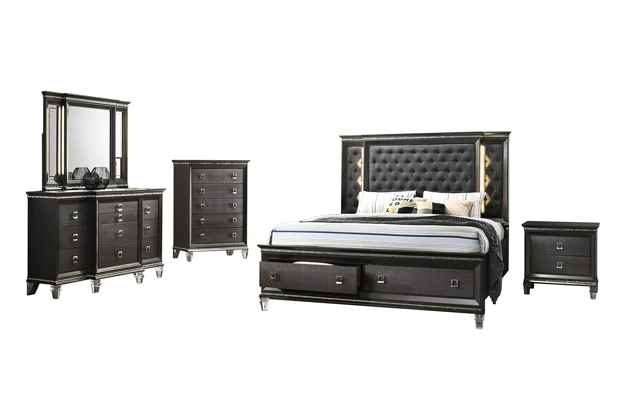 Best Quality Furniture Bellagio 5Pc Eastern King Bed + Dresser + Mirror + Nightstand + Chest, Metallic Gray