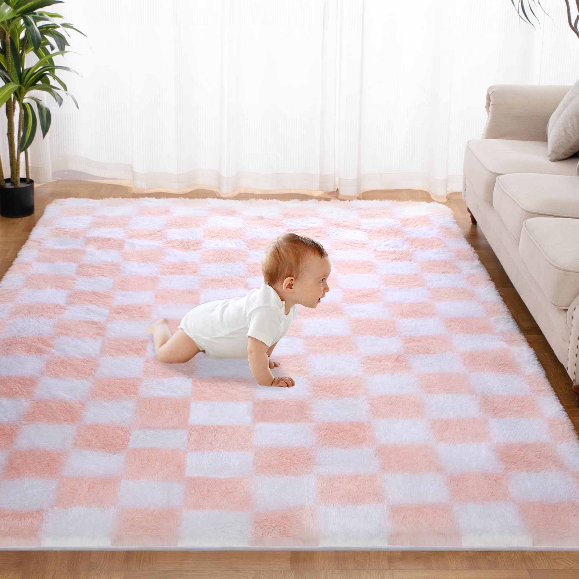 Super Soft Rug for Bedroom, 5x7 Ft Pink and White Area Rug Classic Checkered Shaggy Rug Anti-Skid High Pile Soft Fluffy Rug Fuzz