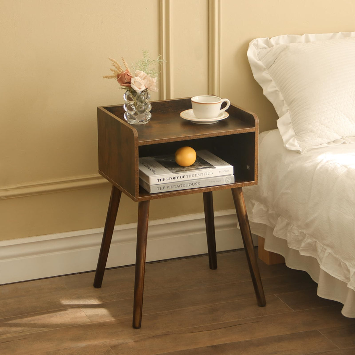 Maxsmeo Nightstand, Mid Century Modern Side Table Bedroom With Storage, Small End Bedside Table With Solid Wood Legs For Living Room, Office Small Spaces (Rustic Brown)