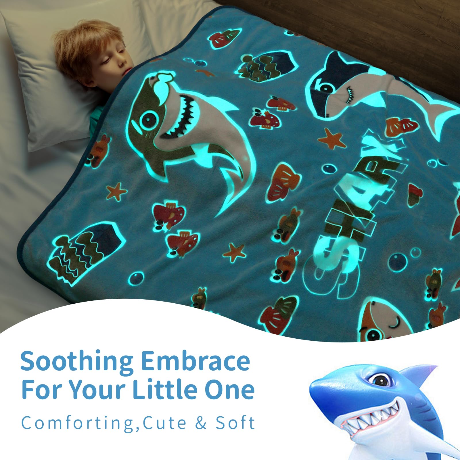 Glow In The Dark Shark Blanket,Gifts For Boys Girls 1 2 3 4 5 6 7 8 9 Year Old, Toddler Boys Girls Toys Age 6-8, Soft Blue Blank