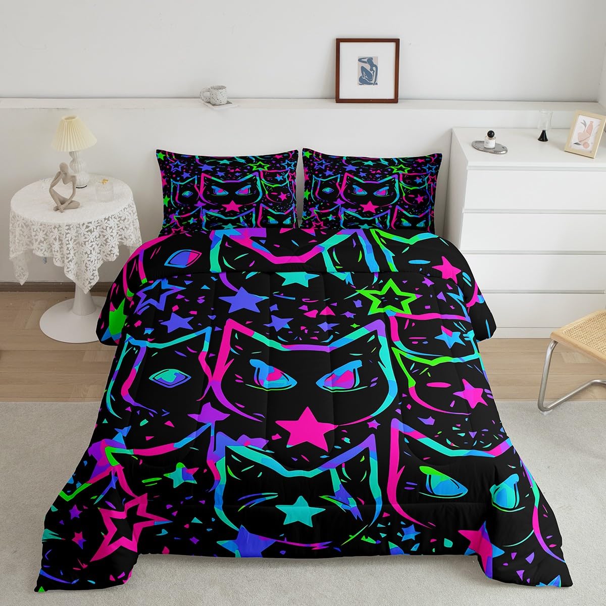 Erosebridal Halloween Cat Bedding, Black Cat Comforter Set For Kids Girls Boys Teens, Ombre Glowing Neon Stars Down Comforter, K