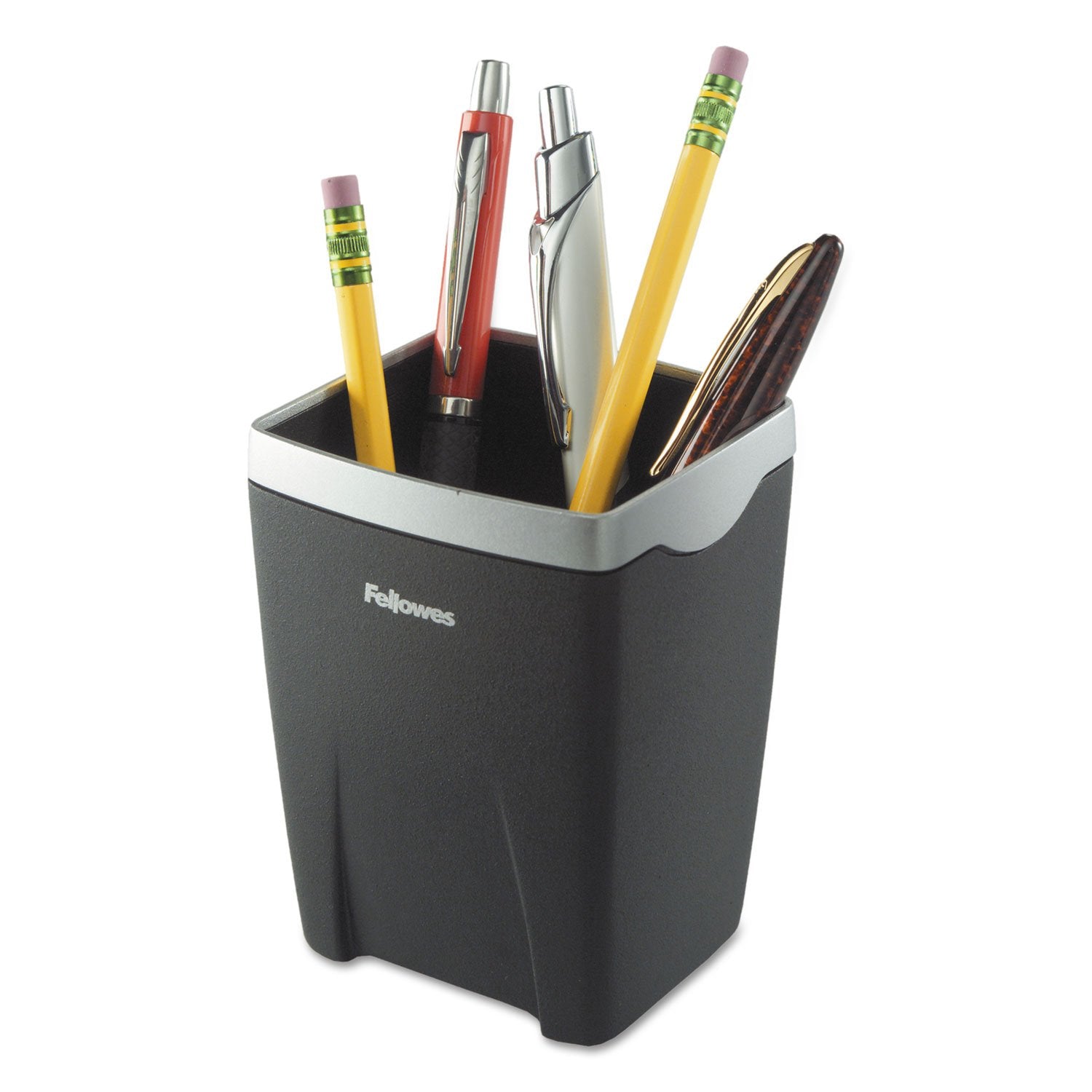 Office Suites Divided Pencil Cup, Plastic, 3 1/16 X 3 1/16 X 4 1/4, Black/Silver