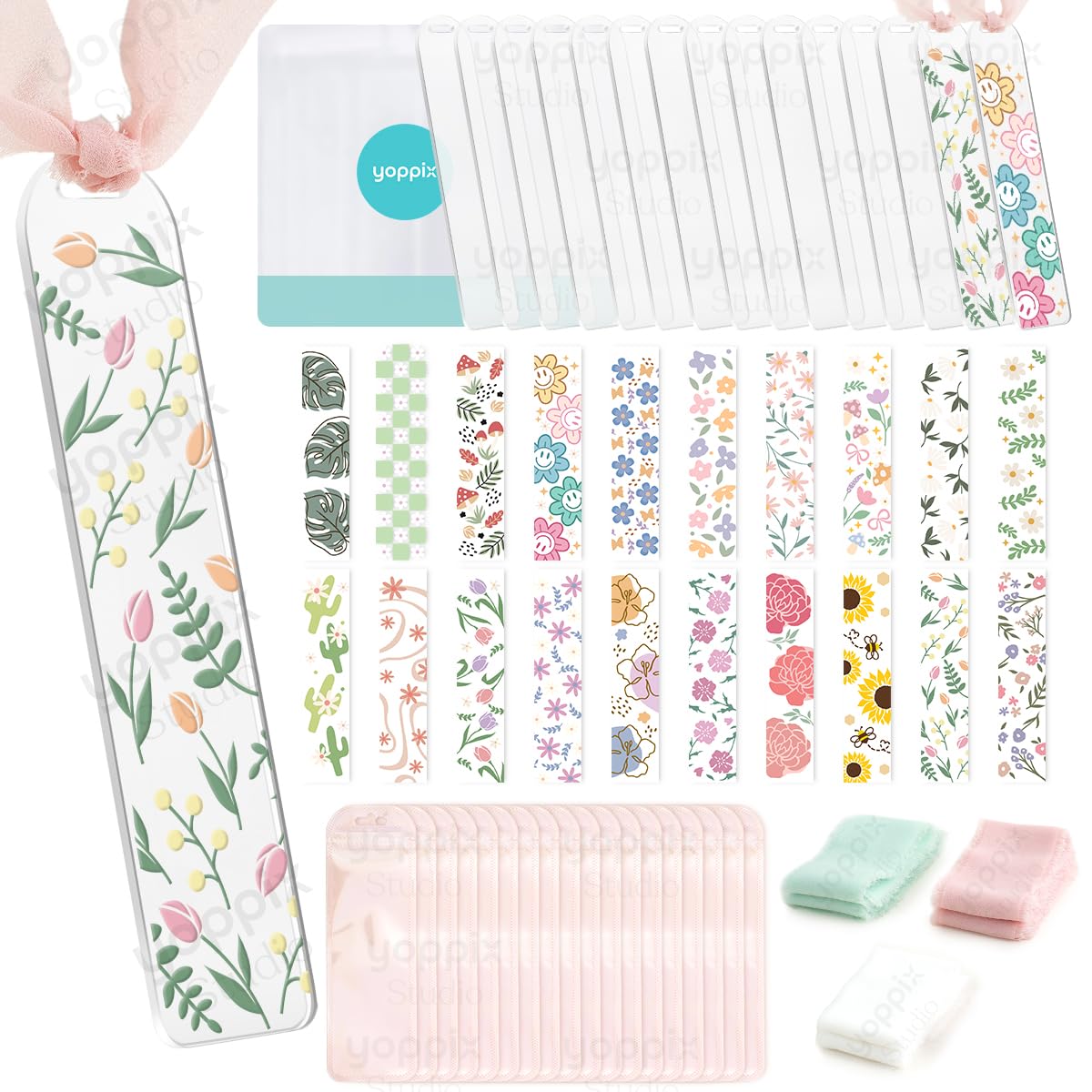 Yoppix 15 Pieces Acrylic Bookmark Blanks (3Mm) Thicken Clear Acrylic Bookmarks With 20 Pcs Floral Uv Dtf Sticker, 15 Pcs Ribbon,